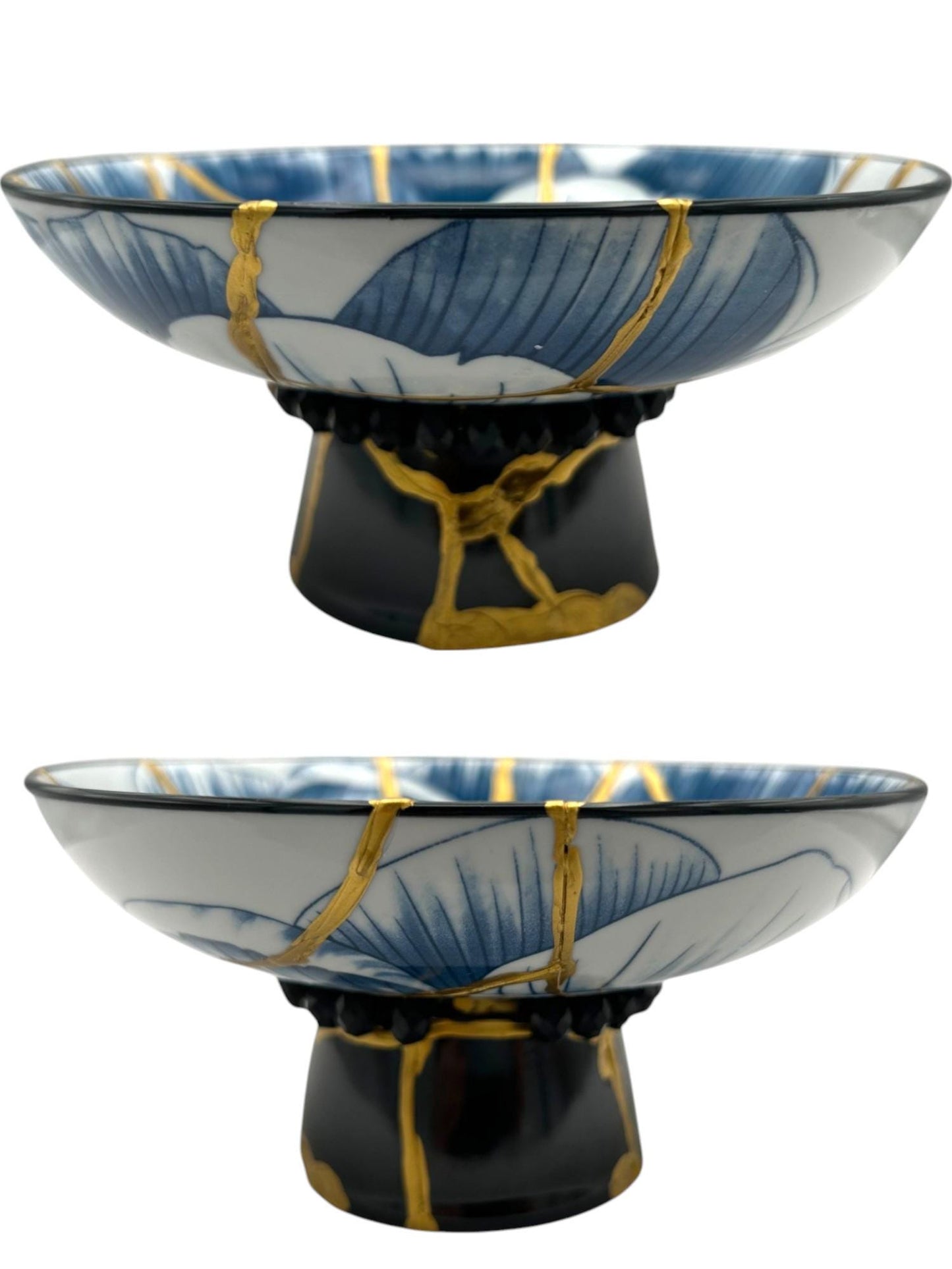 buy online luxury, handmade, one of a kind, modern kintsugi japanese pottery art gift small pedestal bowl with hammered rose gold and black bead charm accent on base and gold paint over break lines for sale