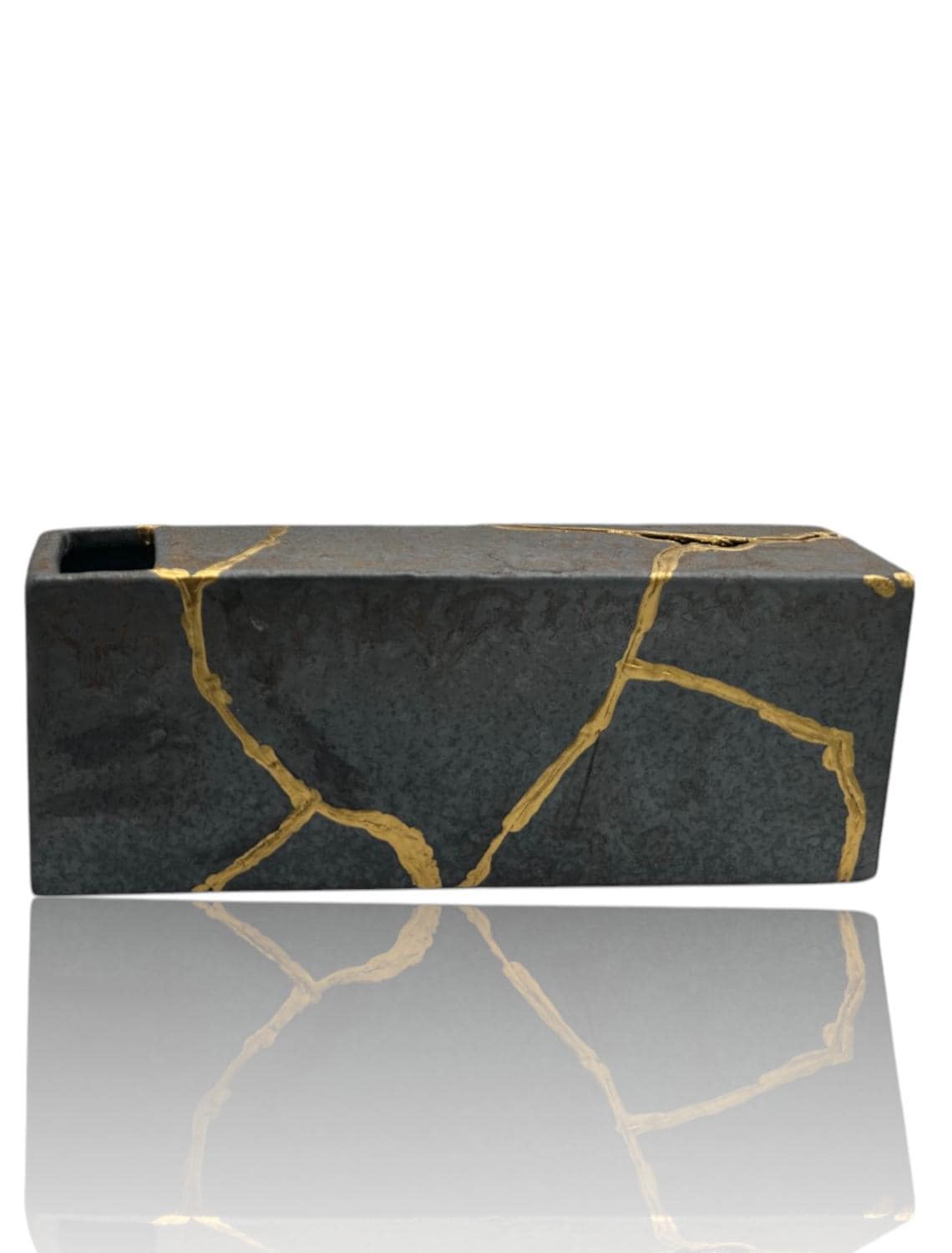 buy online luxury, handmade, one of a kind, modern kintsugi japanese pottery art gift small bronze ikebana vase (rectangle shape) with metal texture and gold paint along break lines for sale