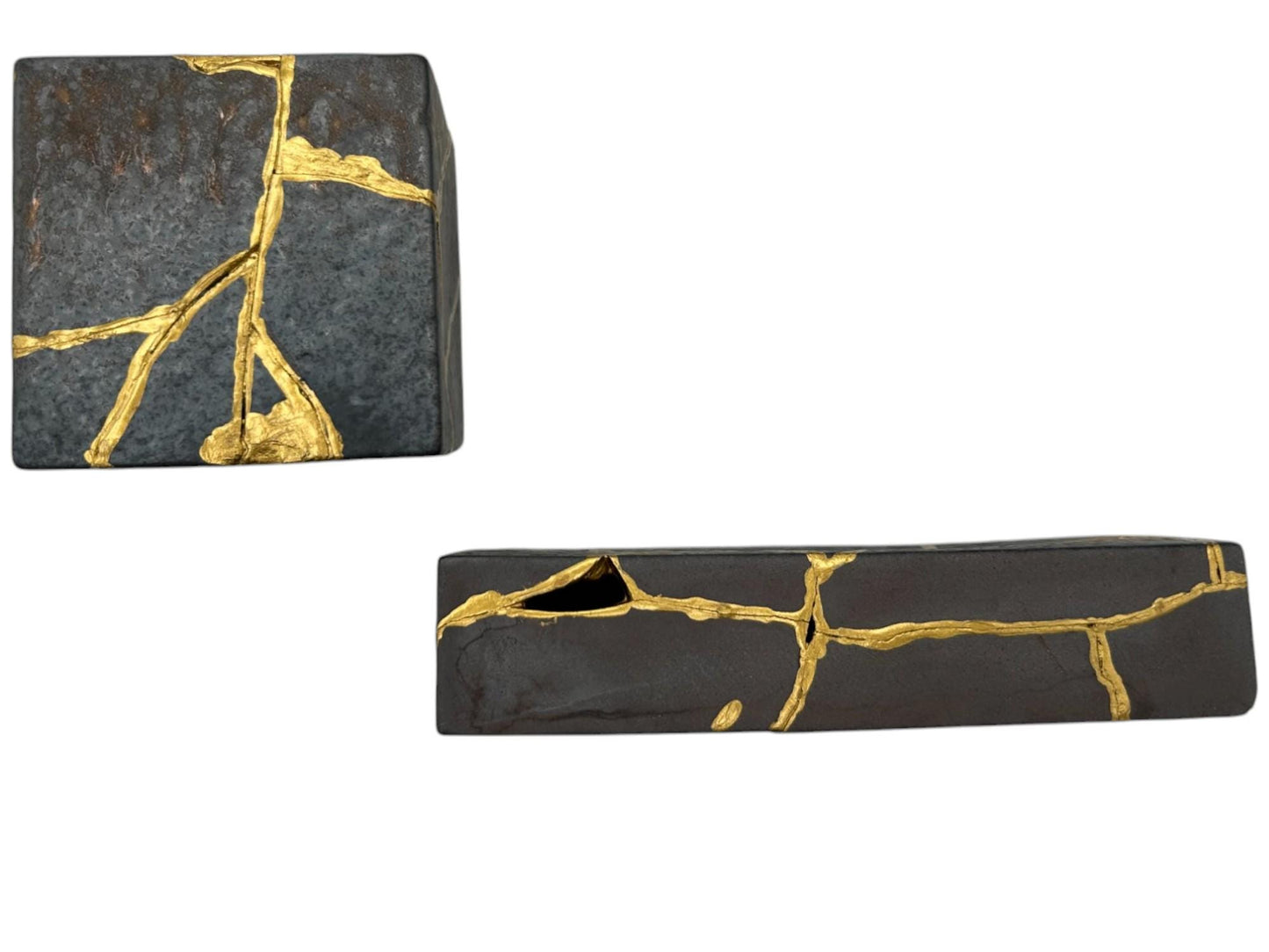 buy online luxury, handmade, one of a kind, modern kintsugi japanese pottery art gift small bronze ikebana vase set (rectangle and square shape) with metal texture and gold paint along break lines for sale