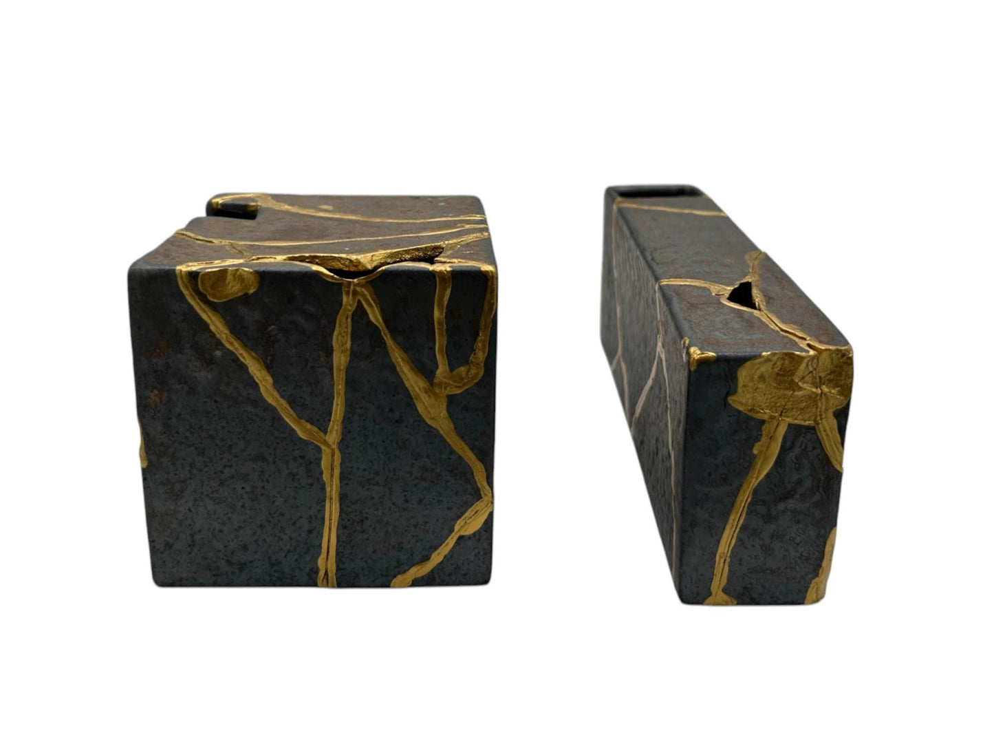 buy online luxury, handmade, one of a kind, modern kintsugi japanese pottery art gift small bronze ikebana vase set (rectangle and square shape) with metal texture and gold paint along break lines for sale
