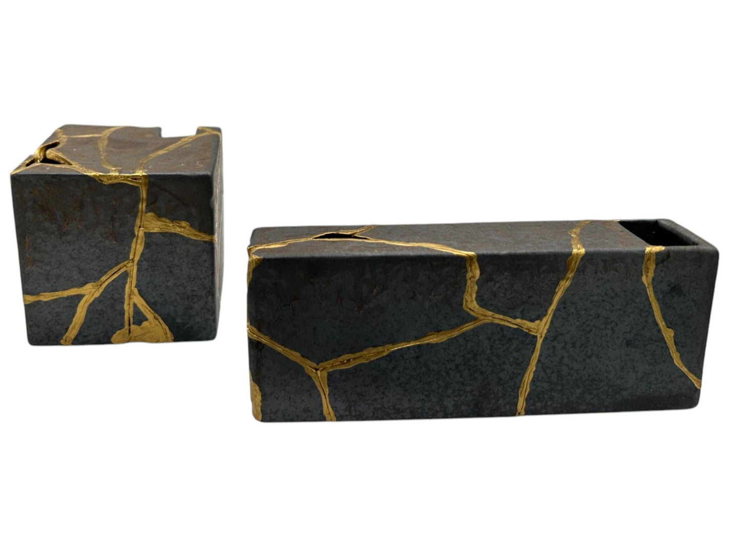 buy online luxury, handmade, one of a kind, modern kintsugi japanese pottery art gift small bronze ikebana vase set (rectangle and square shape) with metal texture and gold paint along break lines for sale