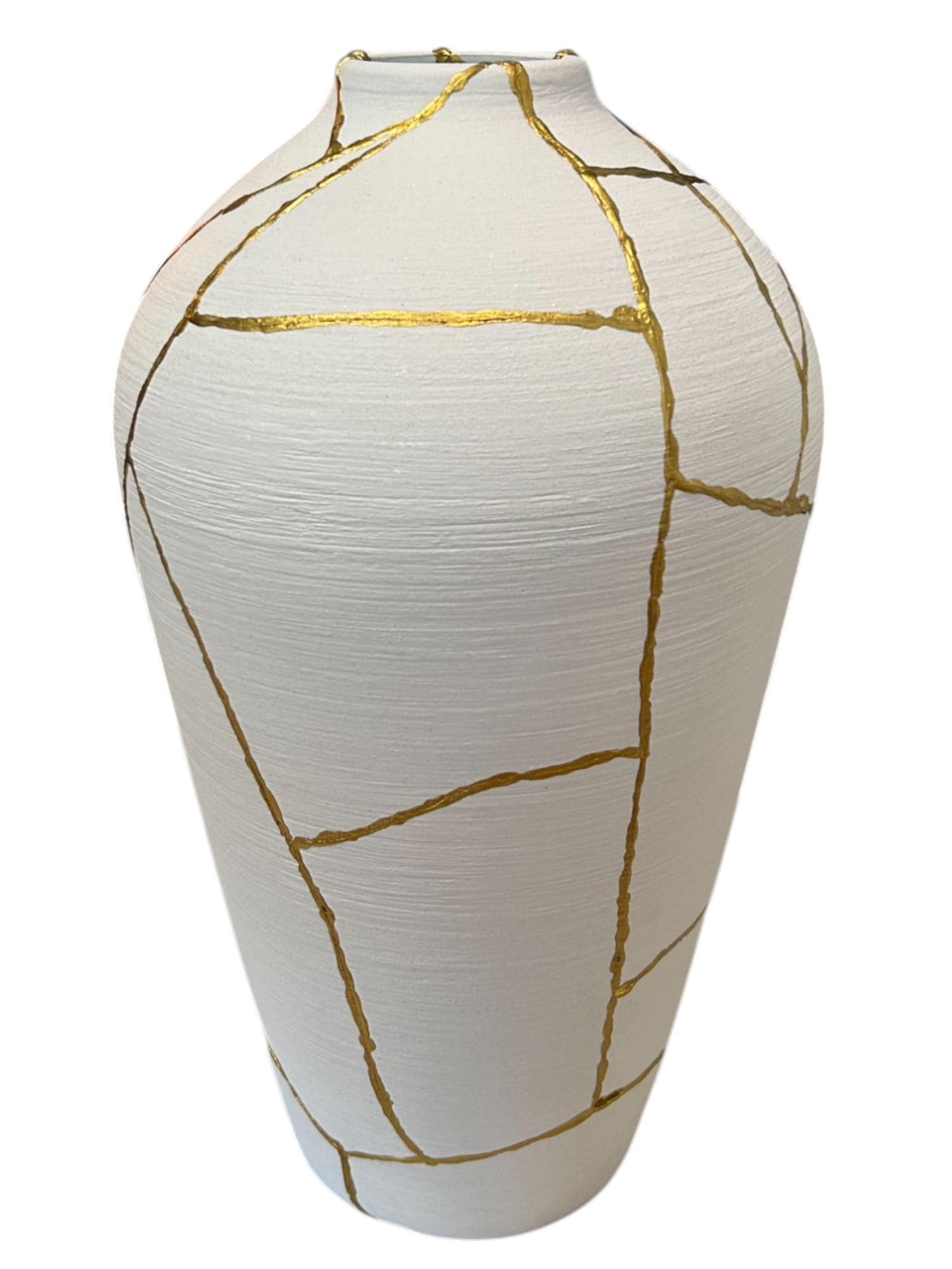 buy online luxury, handmade, one of a kind, modern kintsugi japanese pottery art gift extra large functional or decorative urn vase for dried flowers in warm white with rough brushed horizontal texture and gold paint along break lines for sale