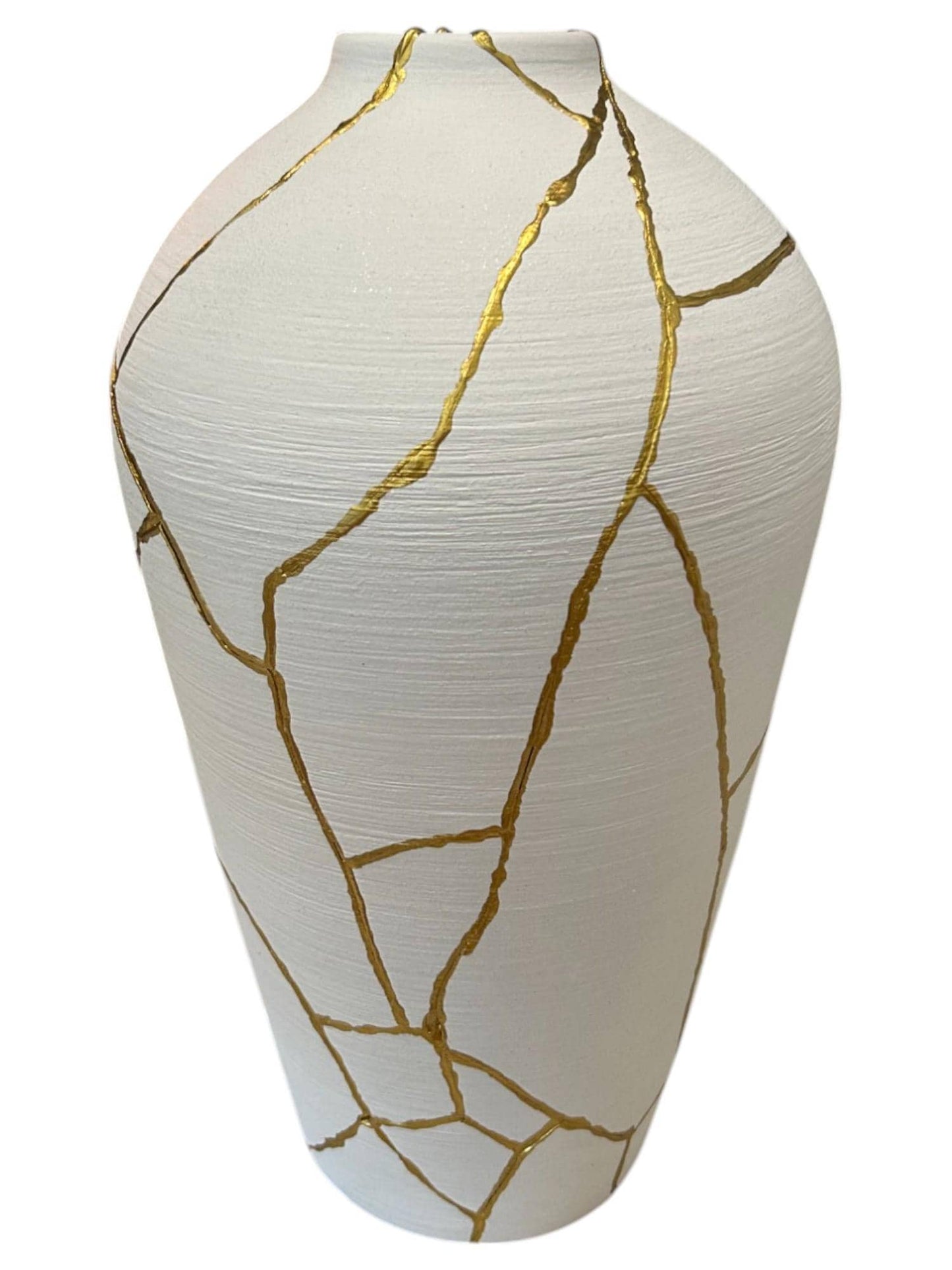 buy online luxury, handmade, one of a kind, modern kintsugi japanese pottery art gift extra large functional or decorative urn vase for dried flowers in warm white with rough brushed horizontal texture and gold paint along break lines for sale