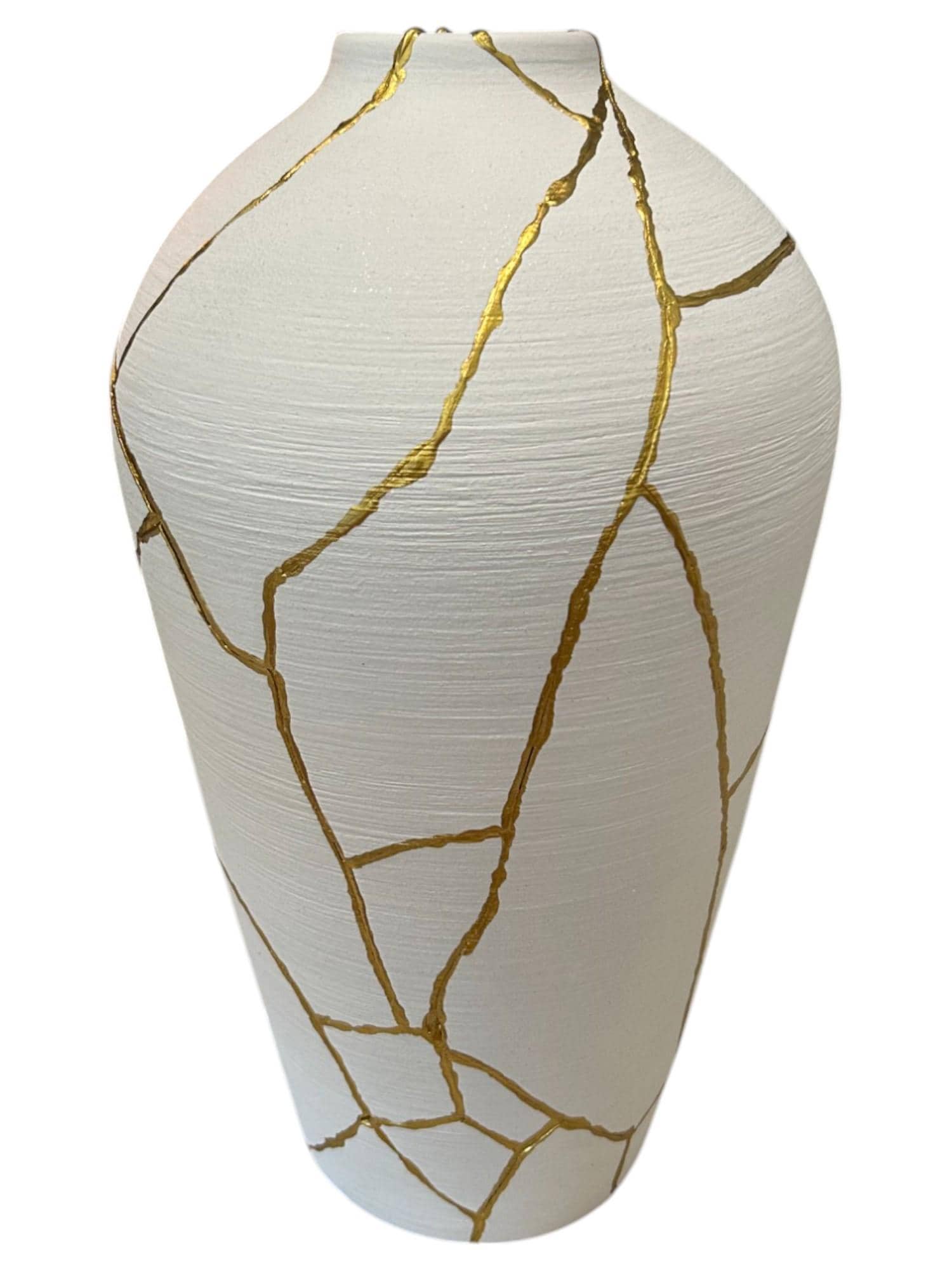 buy online luxury, handmade, one of a kind, modern kintsugi japanese pottery art gift extra large functional or decorative urn vase for dried flowers in warm white with rough brushed horizontal texture and gold paint along break lines for sale
