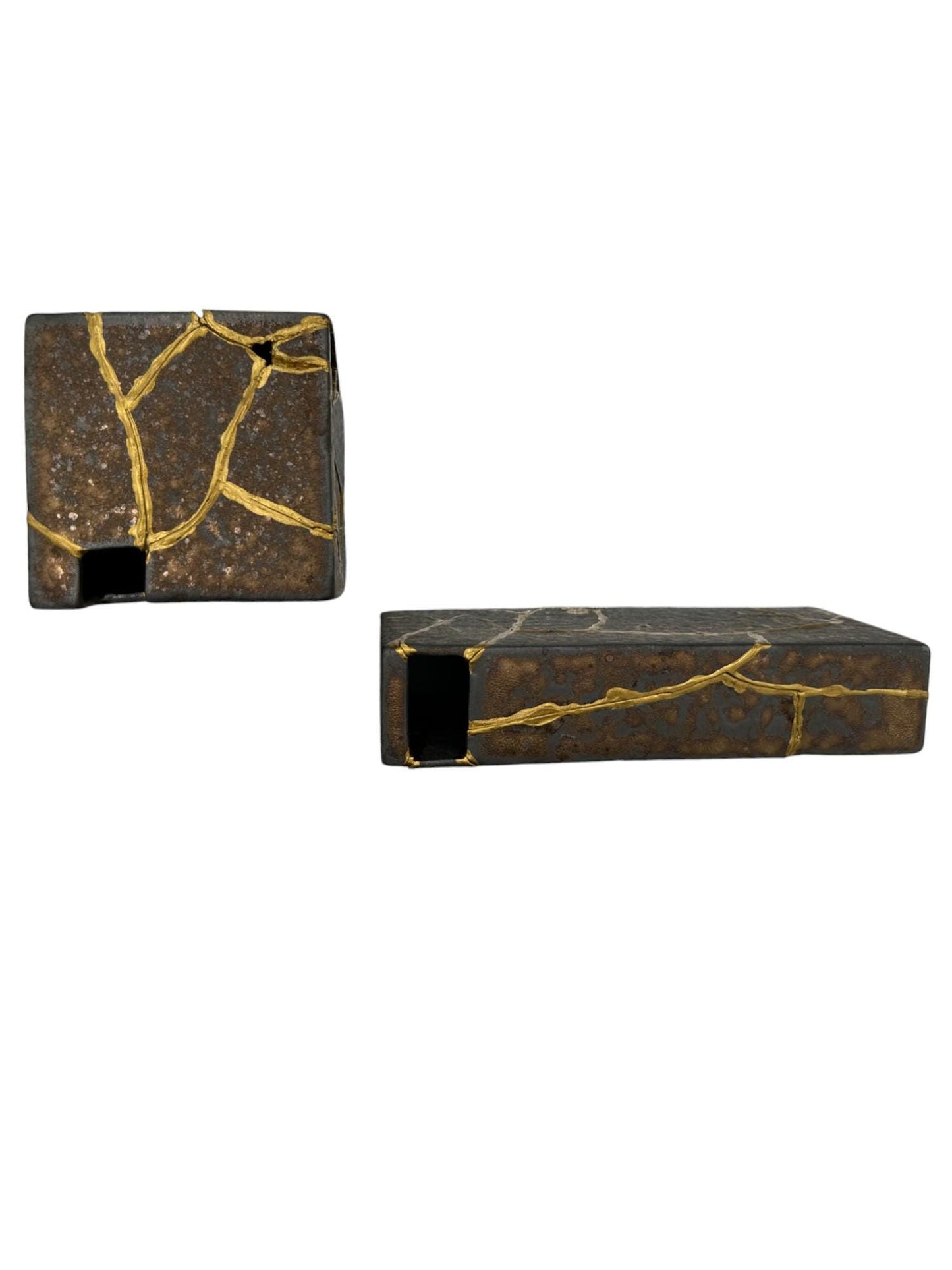 buy online luxury, handmade, one of a kind, modern kintsugi japanese pottery art gift small bronze ikebana vase set (rectangle and square shape) with metal texture and gold paint along break lines for sale