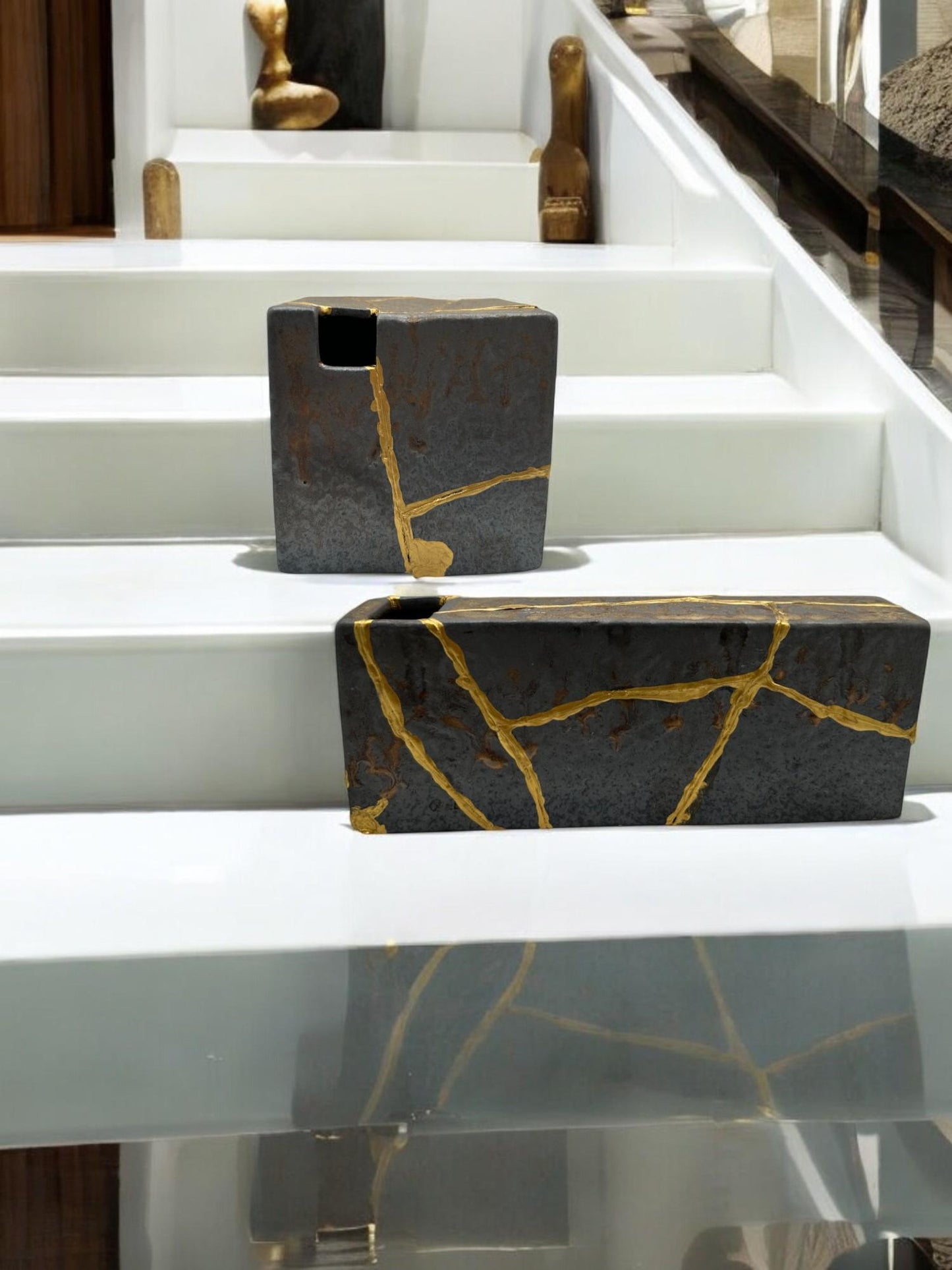 buy online luxury, handmade, one of a kind, modern kintsugi japanese pottery art gift small bronze ikebana vase set (rectangle and square shape) with metal texture and gold paint along break lines for sale