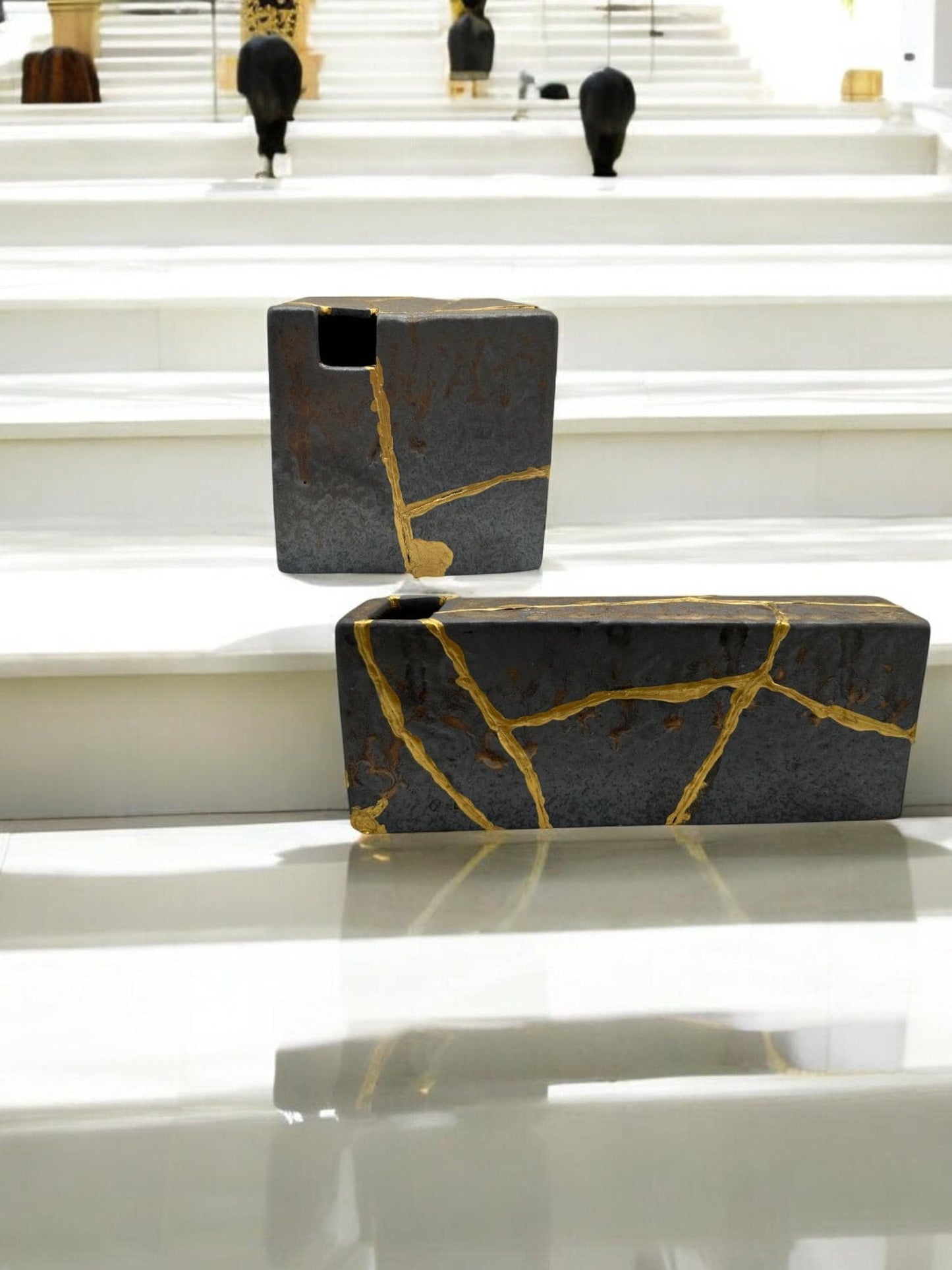 buy online luxury, handmade, one of a kind, modern kintsugi japanese pottery art gift small bronze ikebana vase set (rectangle and square shape) with metal texture and gold paint along break lines for sale