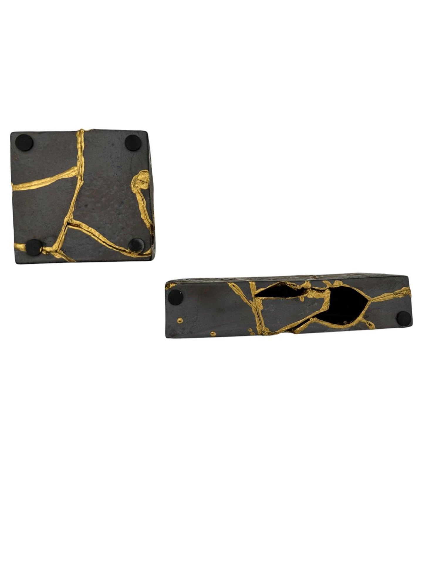 buy online luxury, handmade, one of a kind, modern kintsugi japanese pottery art gift small bronze ikebana vase set (rectangle and square shape) with metal texture and gold paint along break lines for sale