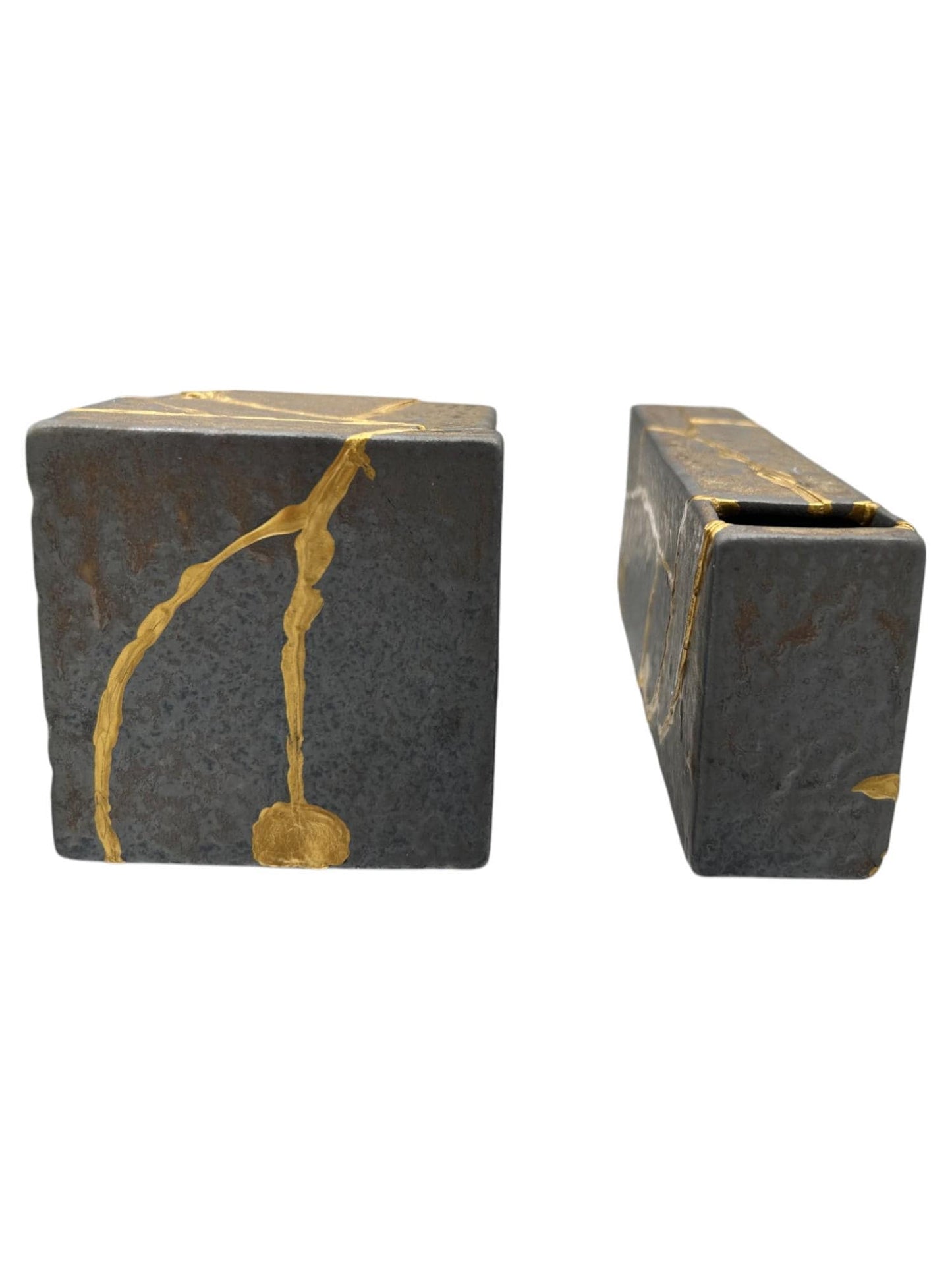 buy online luxury, handmade, one of a kind, modern kintsugi japanese pottery art gift small bronze ikebana vase set (rectangle and square shape) with metal texture and gold paint along break lines for sale