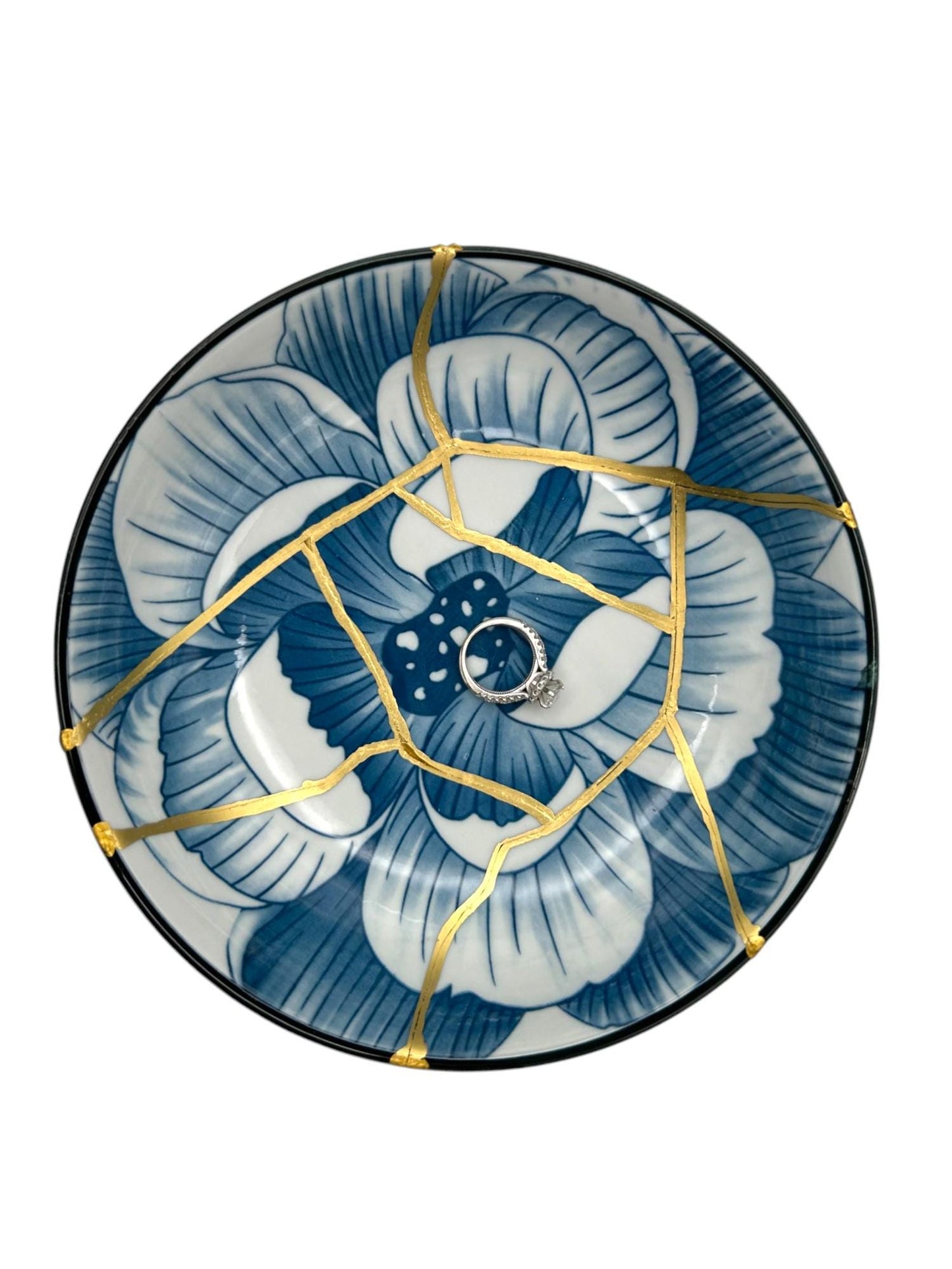 SOLD Kintsugi Pedestal Bowl w/Charm - Gift Presentation Box - Japanese Pottery Broken + Repaired - Hand Painted Gold - Blue Lotus - (D) 6.375in