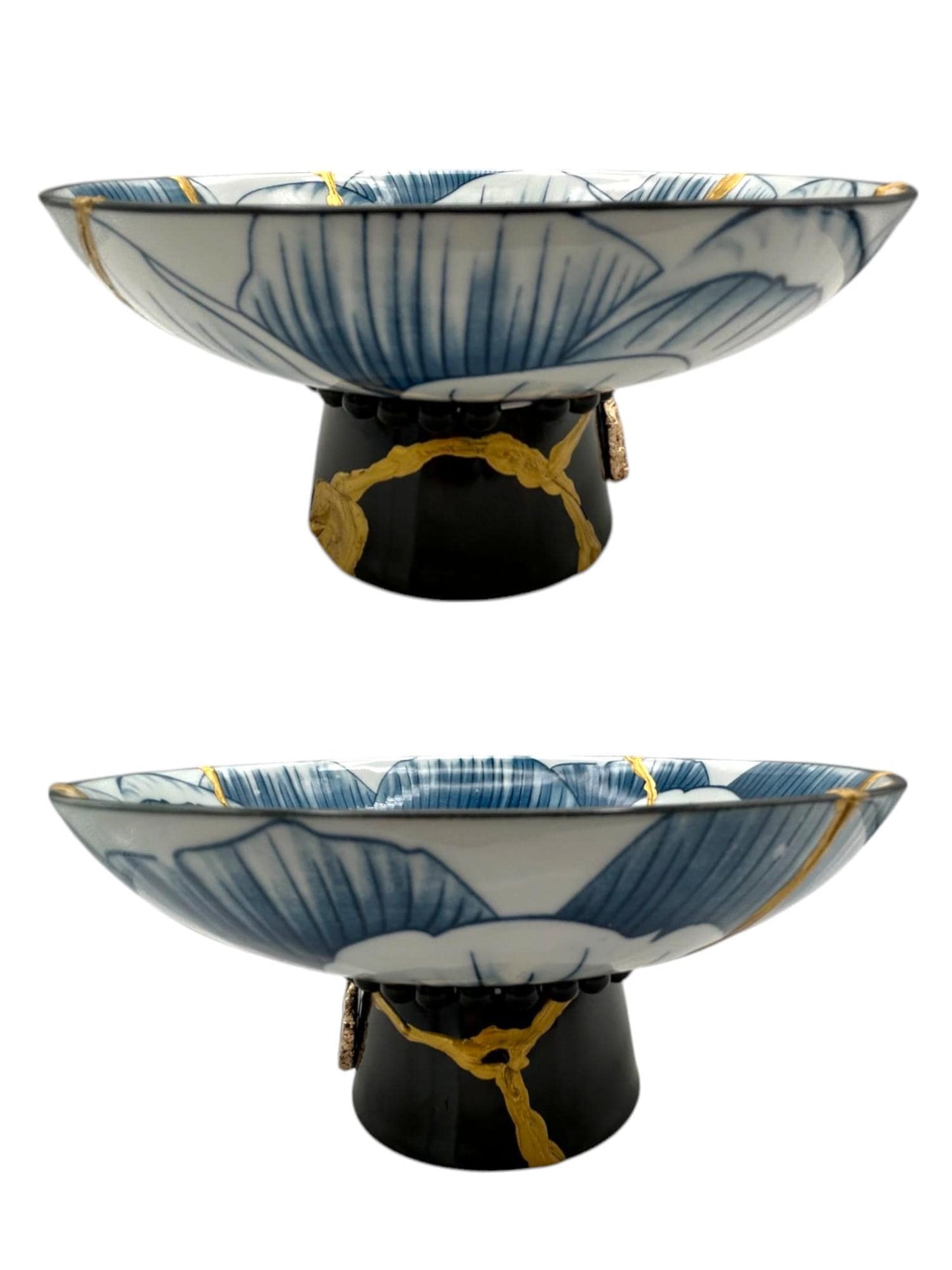 SOLD Kintsugi Pedestal Bowl w/Charm - Gift Presentation Box - Japanese Pottery Broken + Repaired - Hand Painted Gold - Blue Lotus - (D) 6.375in