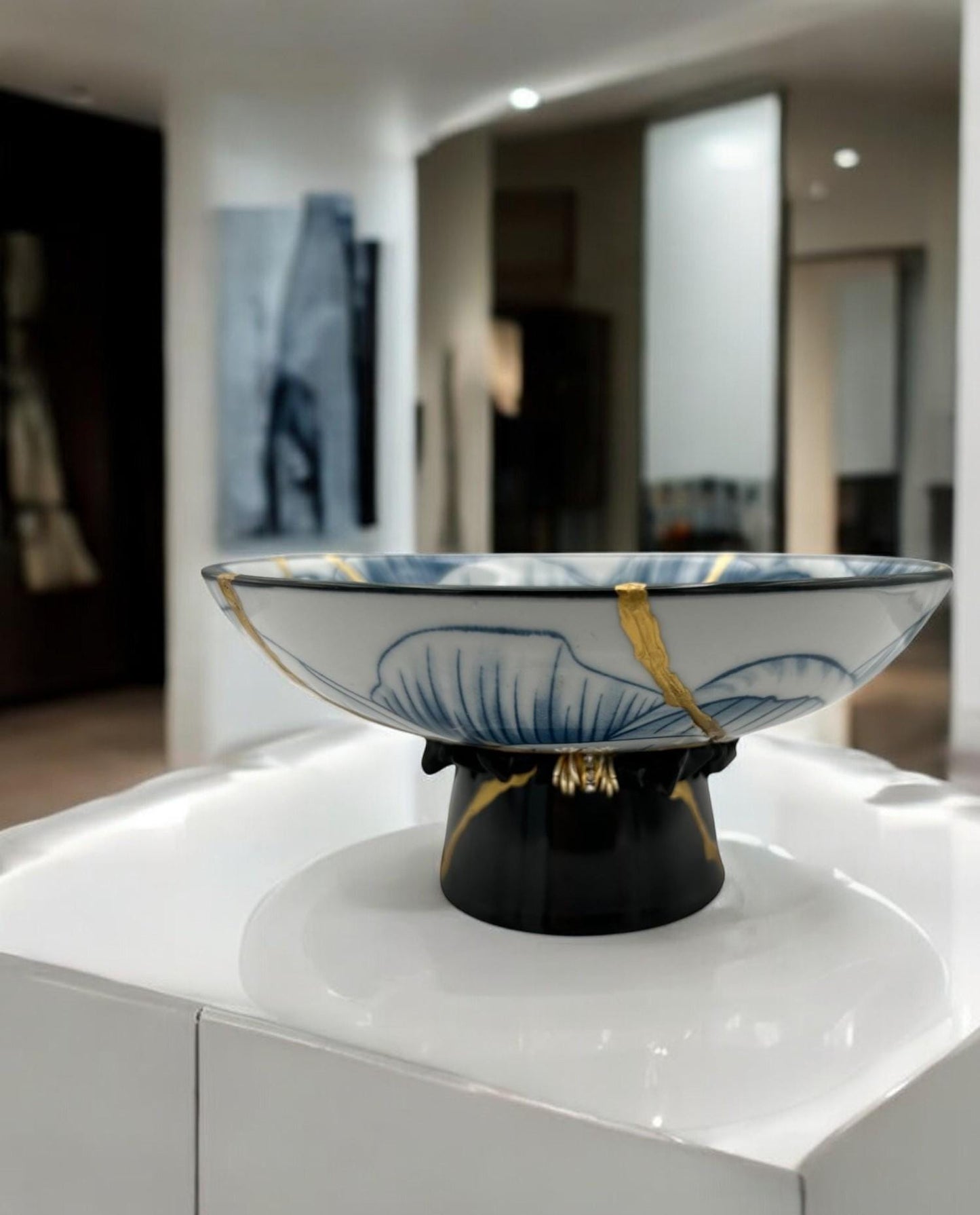 SOLD Kintsugi Pedestal Bowl w/Charm - Gift Presentation Box - Japanese Pottery Broken + Repaired - Hand Painted Gold - Blue Lotus - (D) 6.375in