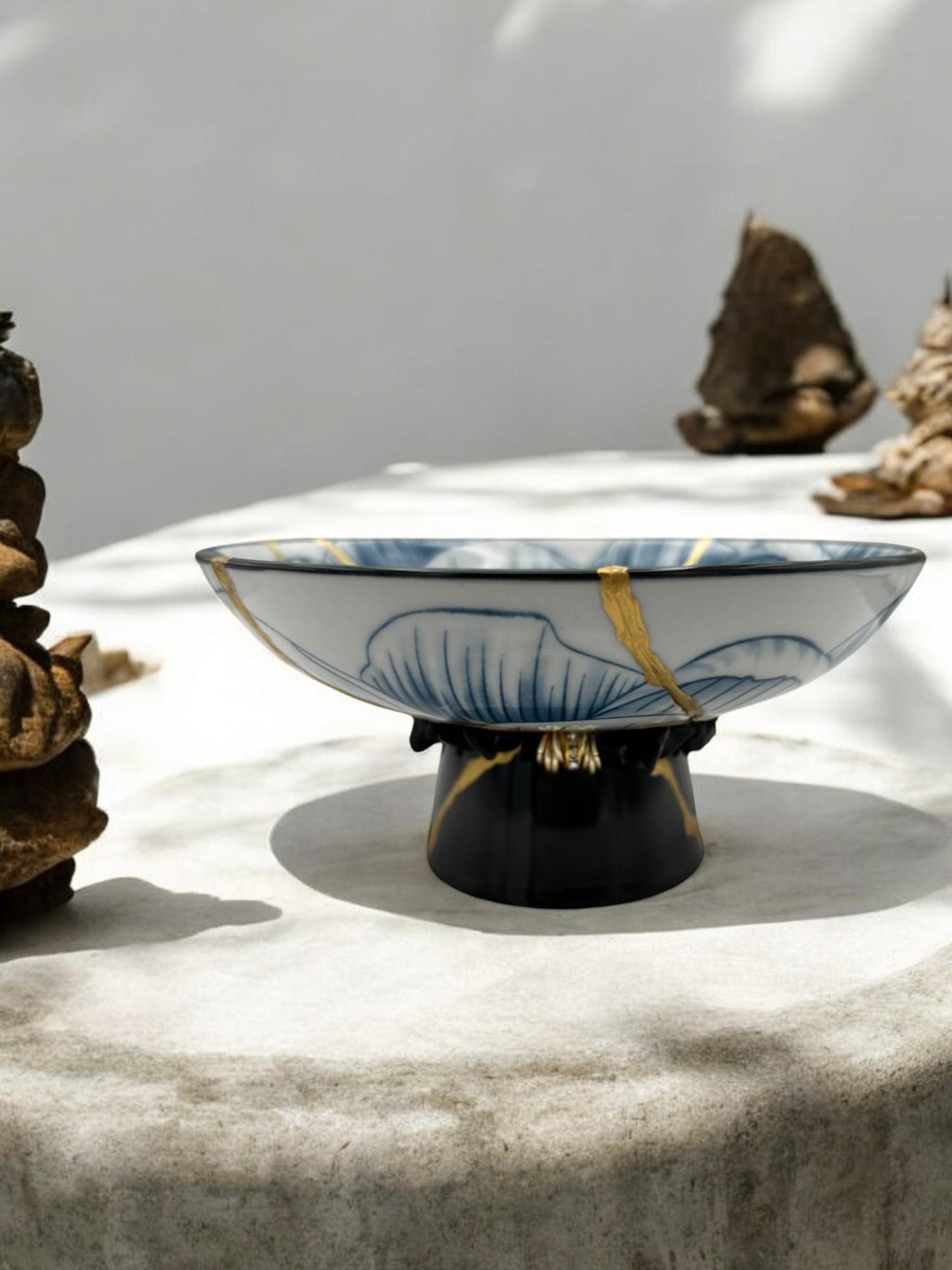 SOLD Kintsugi Pedestal Bowl w/Charm - Gift Presentation Box - Japanese Pottery Broken + Repaired - Hand Painted Gold - Blue Lotus - (D) 6.375in
