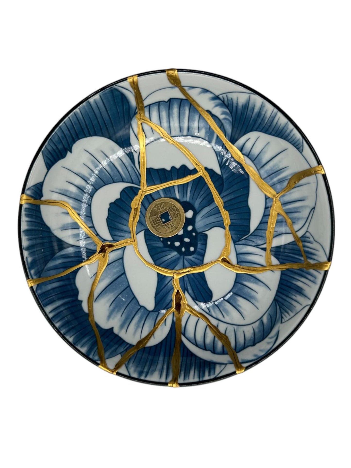 buy online luxury, handmade, one of a kind, modern kintsugi japanese pottery art gift small pedestal bowl with hammered rose gold and black bead charm accent on base and gold paint over break lines for sale