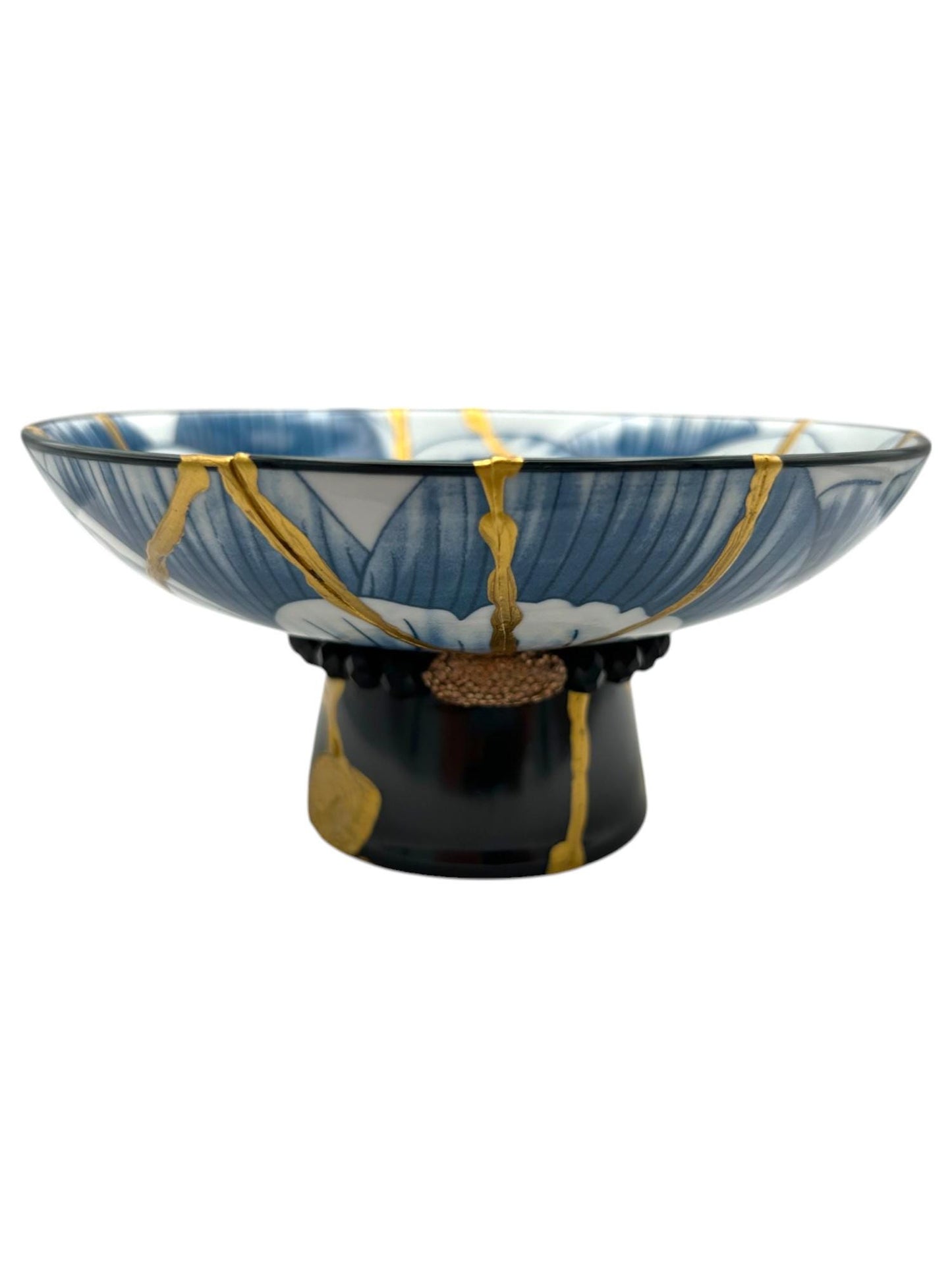 buy online luxury, handmade, one of a kind, modern kintsugi japanese pottery art gift small pedestal bowl with hammered rose gold and black bead charm accent on base and gold paint over break lines for sale