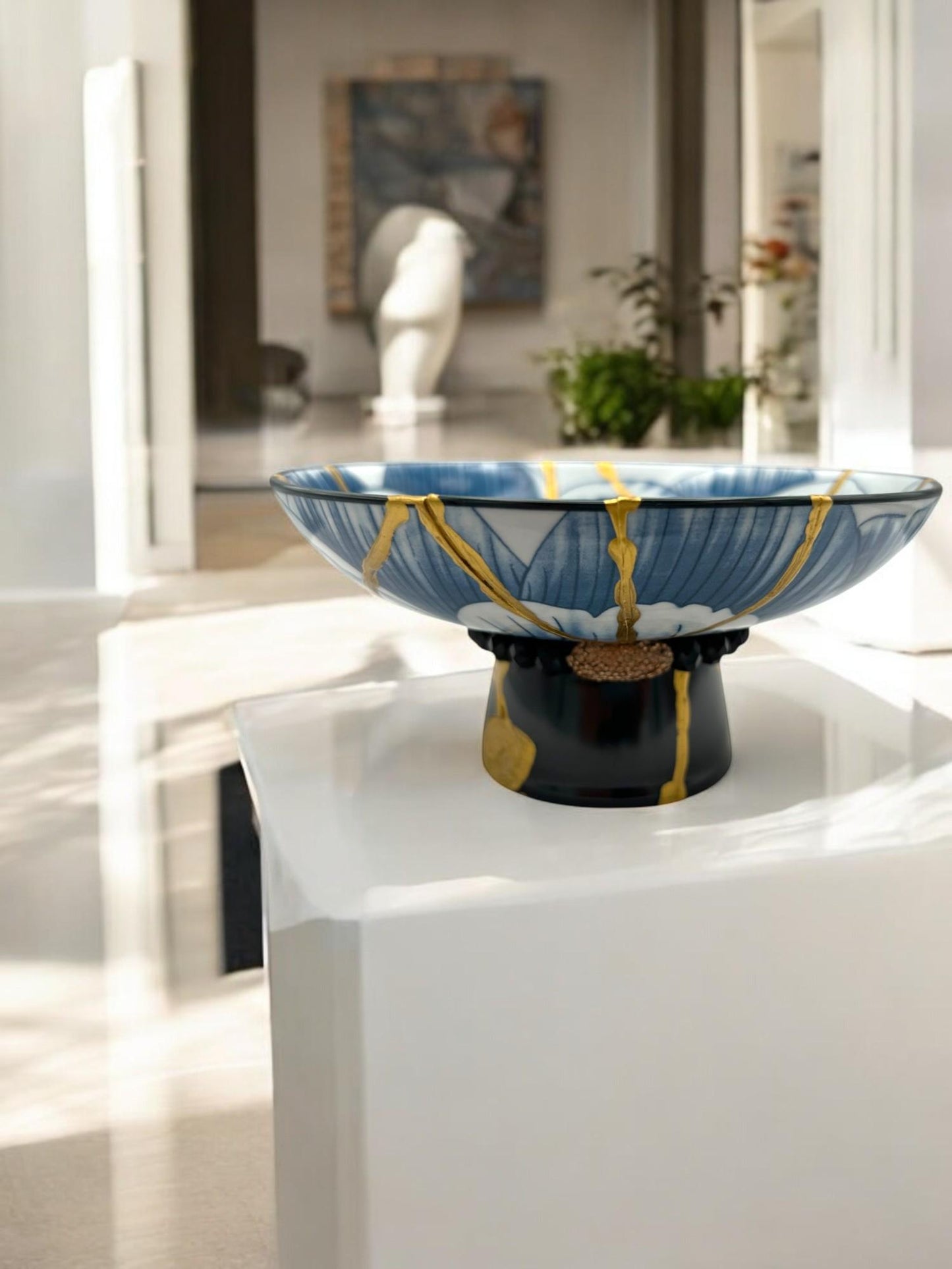 buy online luxury, handmade, one of a kind, modern kintsugi japanese pottery art gift small pedestal bowl with hammered rose gold and black bead charm accent on base and gold paint over break lines for sale