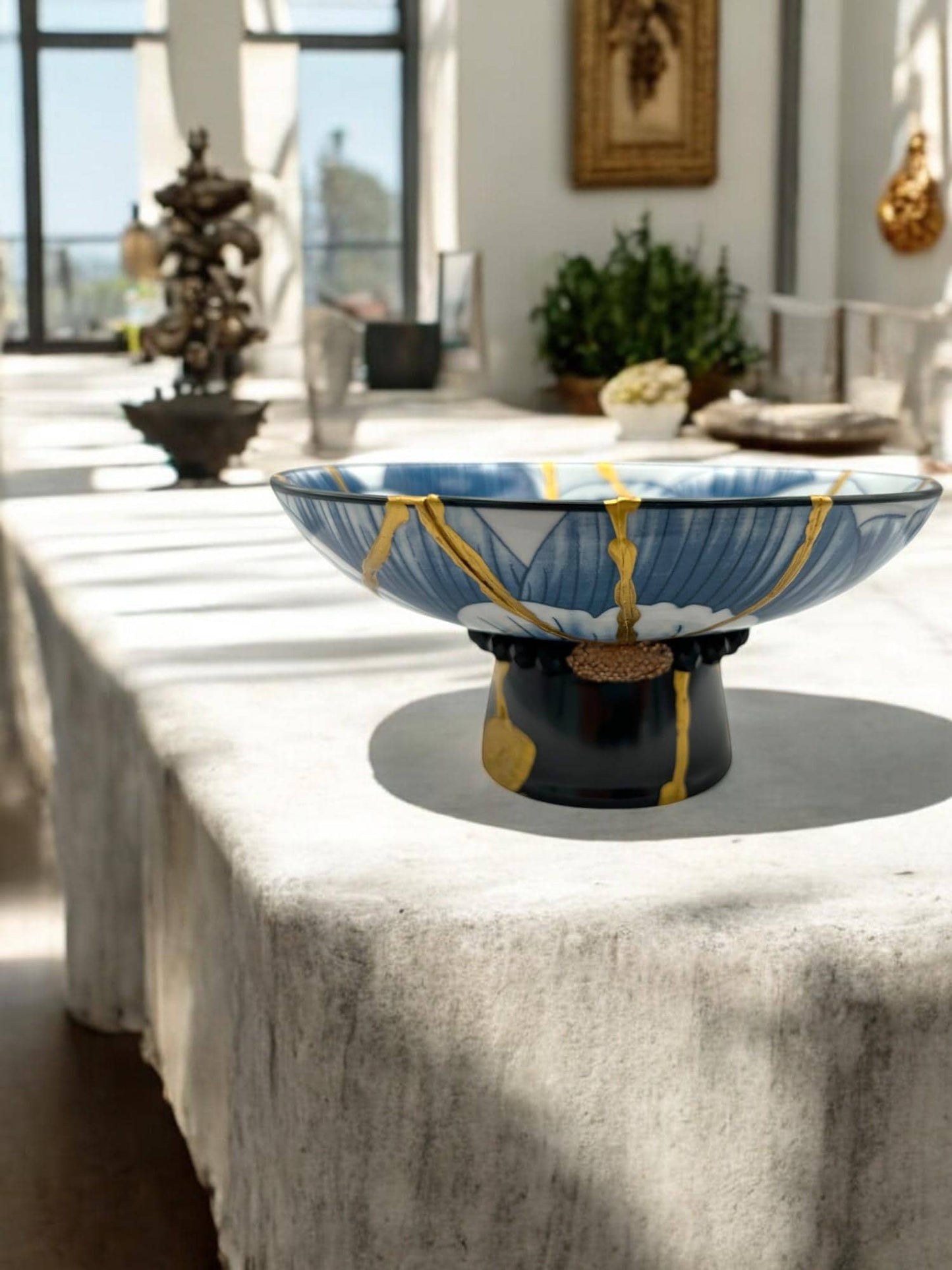 buy online luxury, handmade, one of a kind, modern kintsugi japanese pottery art gift small pedestal bowl with hammered rose gold and black bead charm accent on base and gold paint over break lines for sale