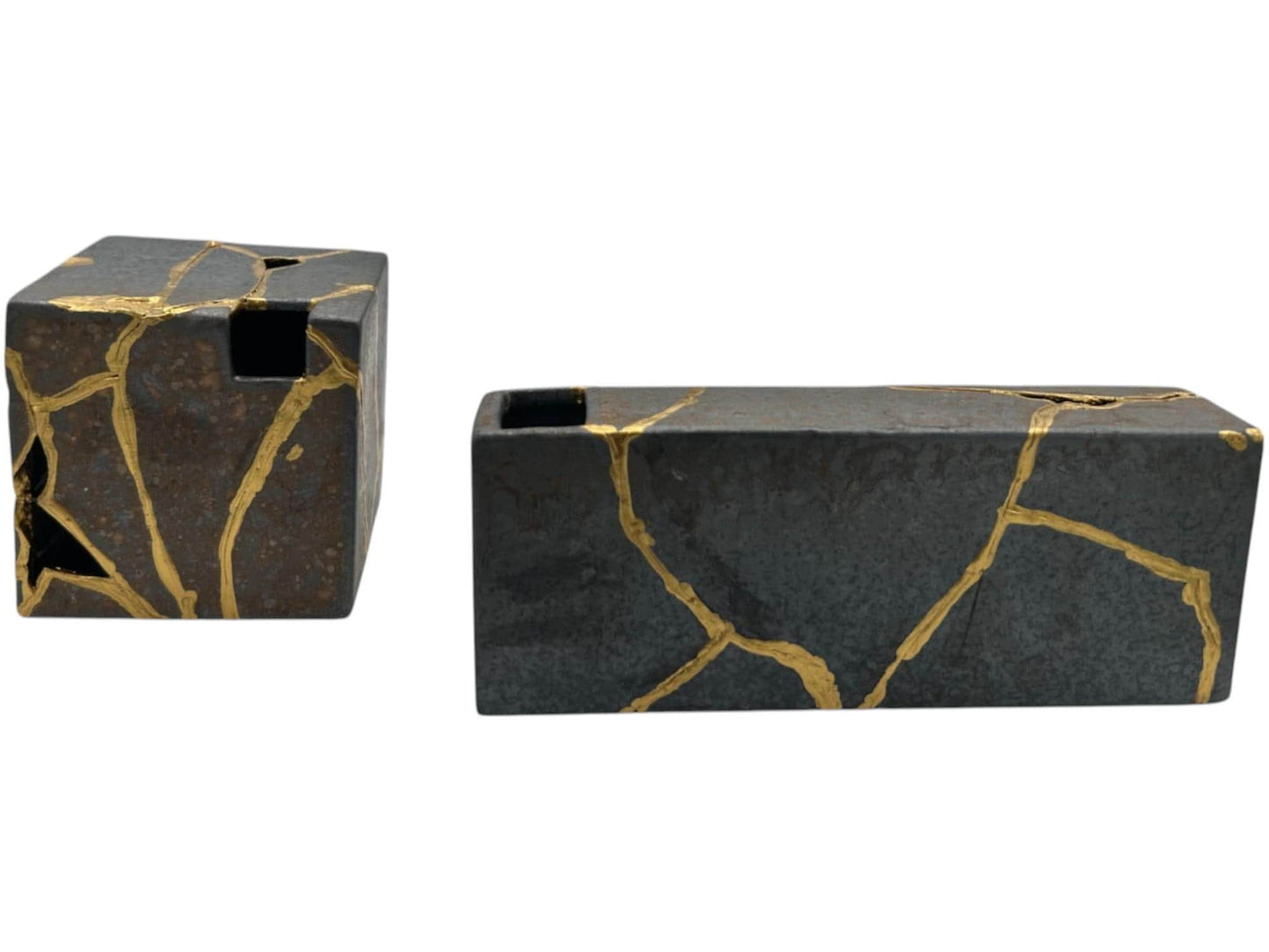 buy online luxury, handmade, one of a kind, modern kintsugi japanese pottery art gift small bronze ikebana vase set (rectangle and square shape) with metal texture and gold paint along break lines for sale