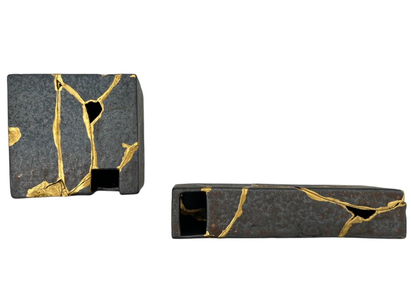 buy online luxury, handmade, one of a kind, modern kintsugi japanese pottery art gift small bronze ikebana vase set (rectangle and square shape) with metal texture and gold paint along break lines for sale