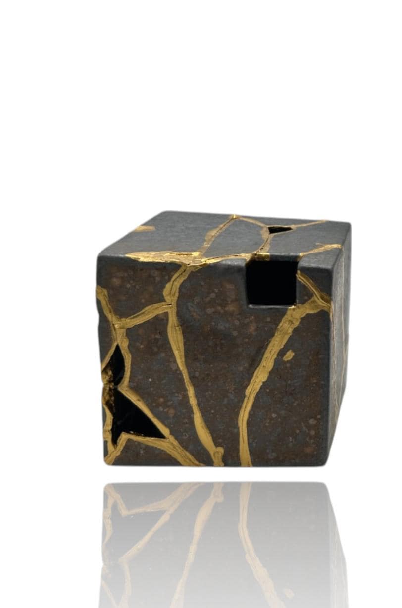 buy online luxury, handmade, one of a kind, modern kintsugi japanese pottery art gift small bronze ikebana vase (square shape) with metal texture and gold paint along break lines for sale