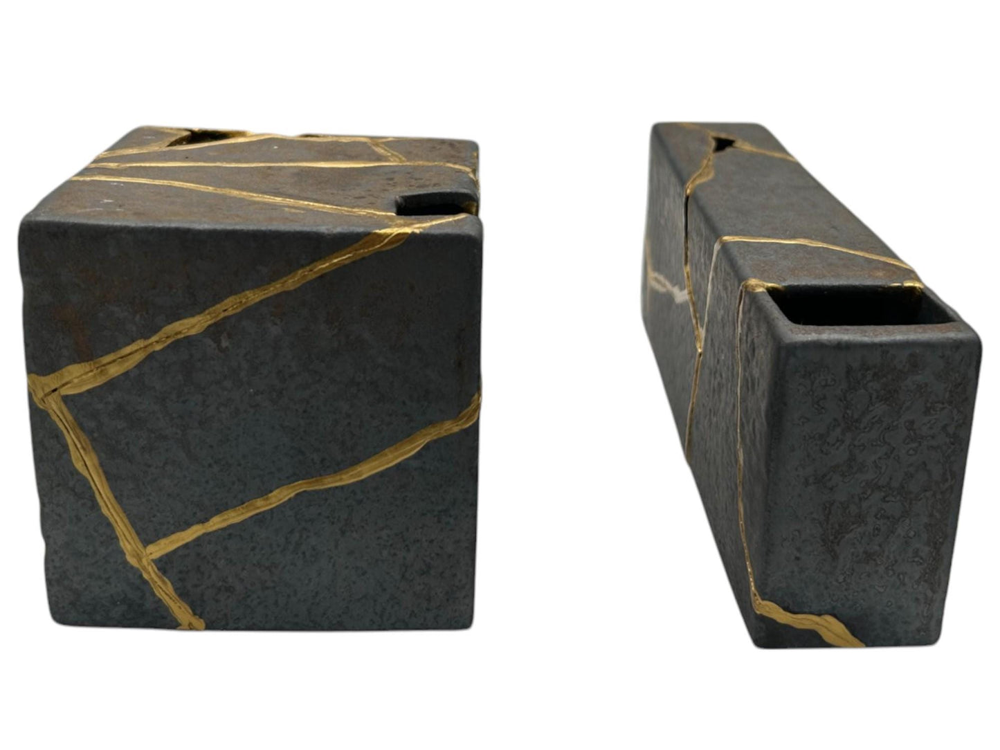 buy online luxury, handmade, one of a kind, modern kintsugi japanese pottery art gift small bronze ikebana vase set (rectangle and square shape) with metal texture and gold paint along break lines for sale
