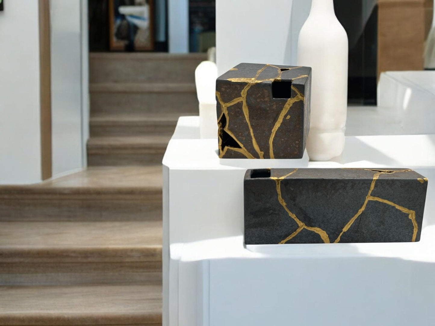 buy online luxury, handmade, one of a kind, modern kintsugi japanese pottery art gift small bronze ikebana vase set (rectangle and square shape) with metal texture and gold paint along break lines for sale