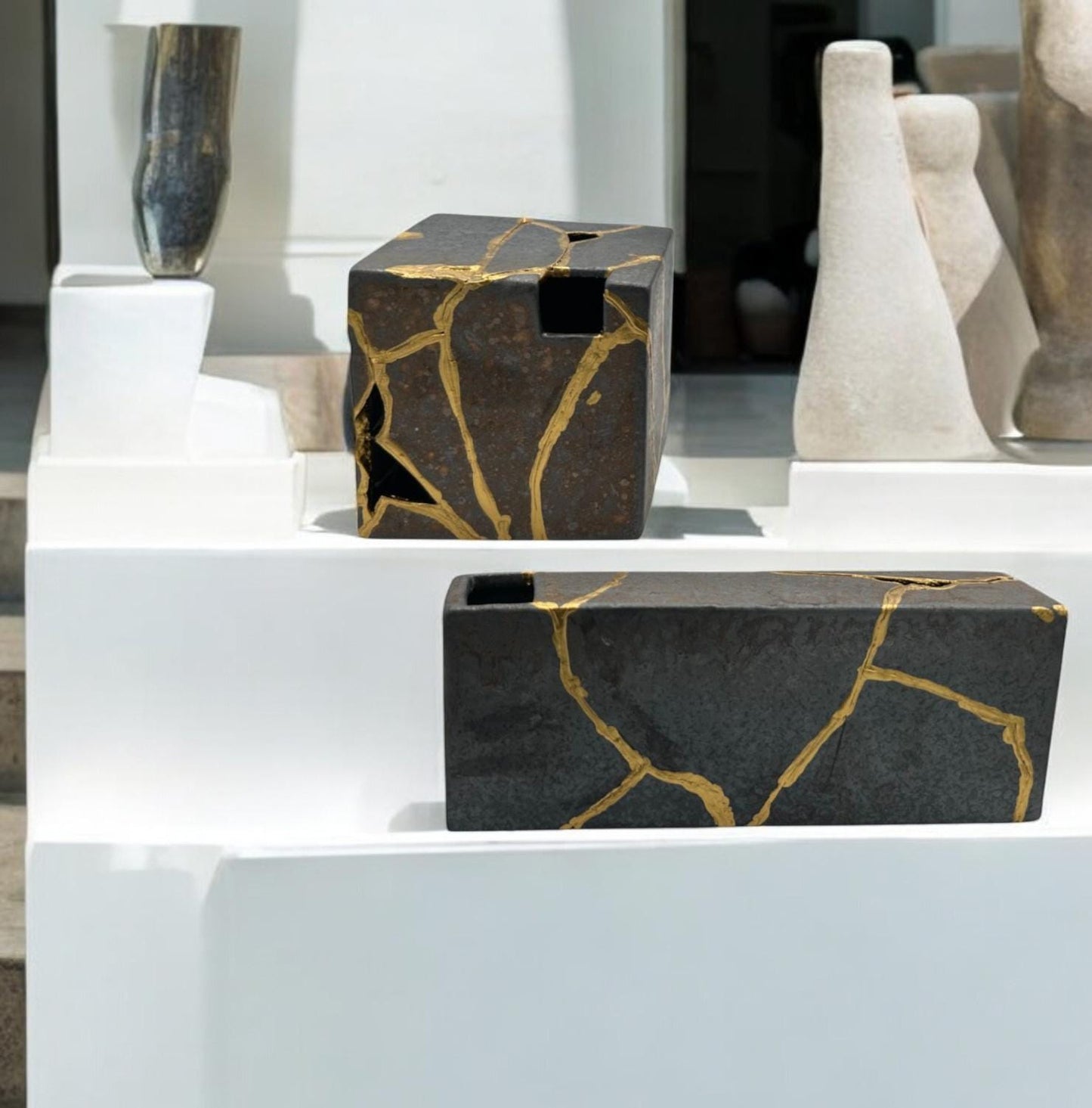 buy online luxury, handmade, one of a kind, modern kintsugi japanese pottery art gift small bronze ikebana vase set (rectangle and square shape) with metal texture and gold paint along break lines for sale