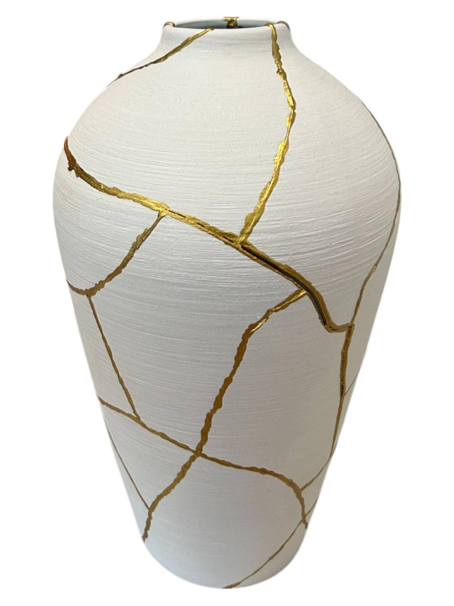 buy online luxury, handmade, one of a kind, modern kintsugi japanese pottery art gift extra large functional or decorative urn vase for dried flowers in warm white with rough brushed horizontal texture and gold paint along break lines for sale