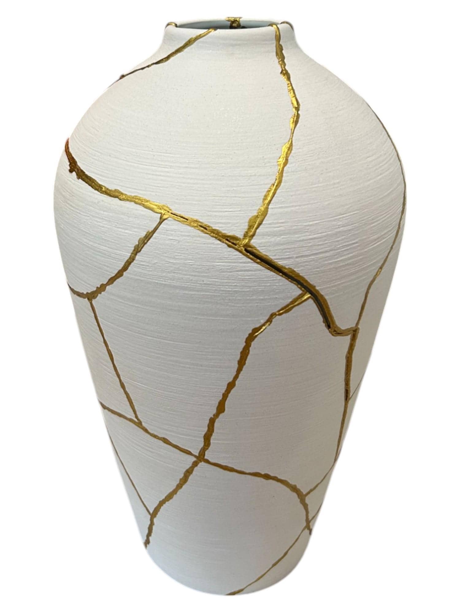 buy online luxury, handmade, one of a kind, modern kintsugi japanese pottery art gift extra large functional or decorative urn vase for dried flowers in warm white with rough brushed horizontal texture and gold paint along break lines for sale