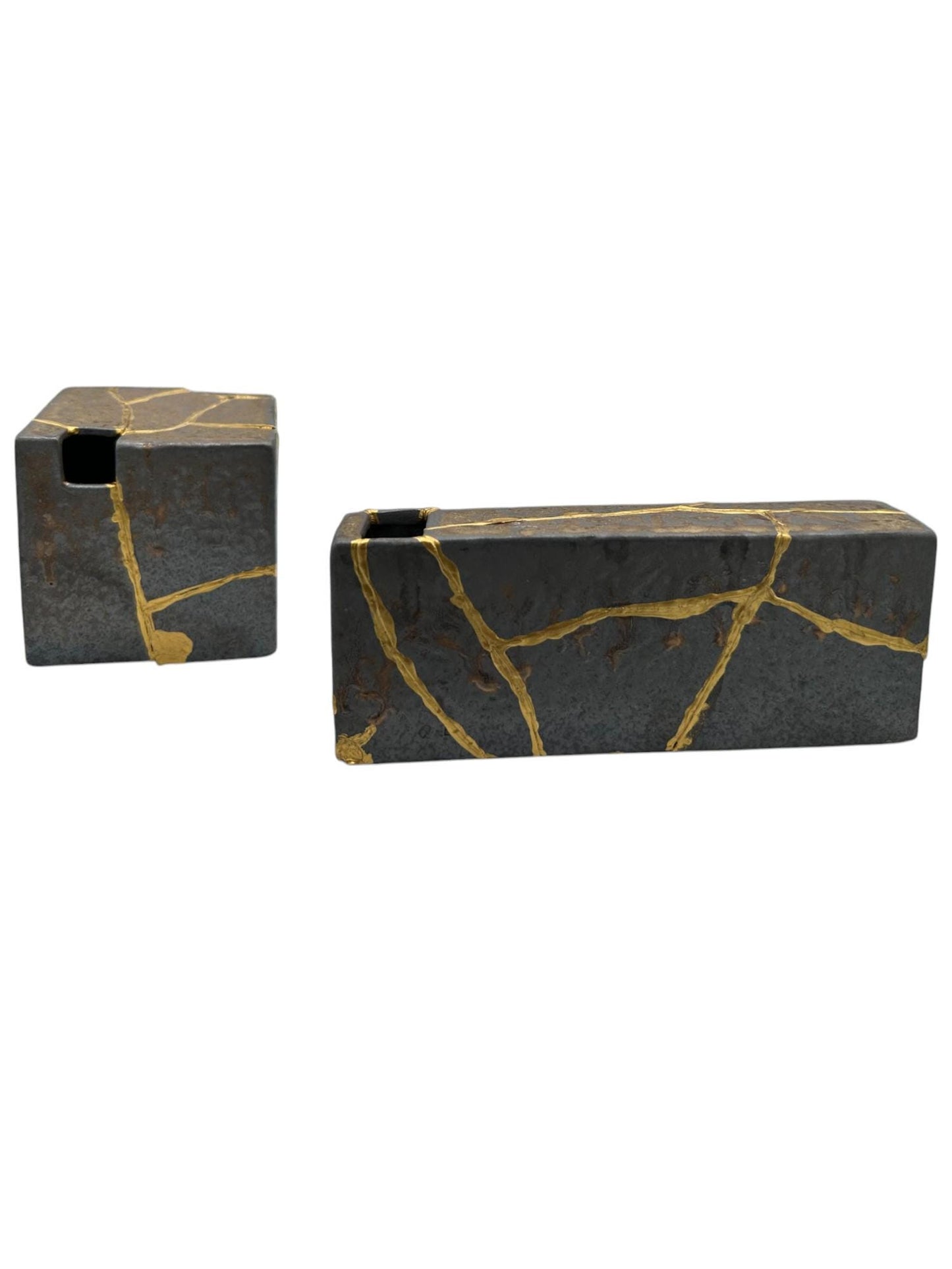 buy online luxury, handmade, one of a kind, modern kintsugi japanese pottery art gift small bronze ikebana vase set (rectangle and square shape) with metal texture and gold paint along break lines for sale