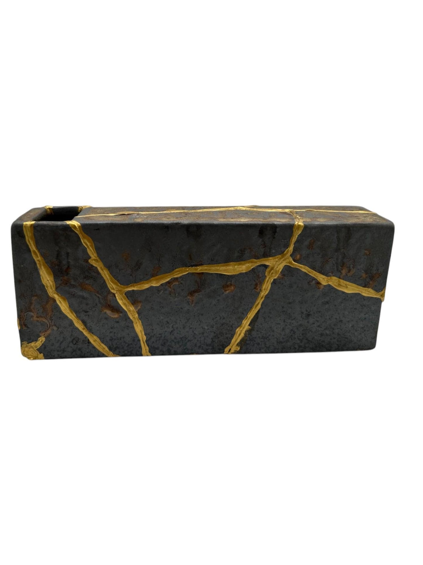 buy online luxury, handmade, one of a kind, modern kintsugi japanese pottery art gift small bronze ikebana vase set (rectangle and square shape) with metal texture and gold paint along break lines for sale
