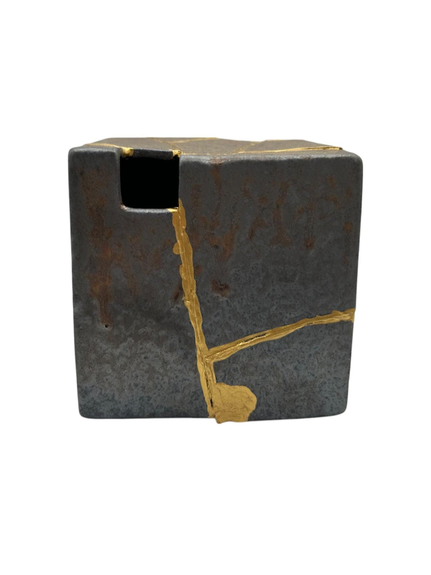 buy online luxury, handmade, one of a kind, modern kintsugi japanese pottery art gift small bronze ikebana vase set (rectangle and square shape) with metal texture and gold paint along break lines for sale