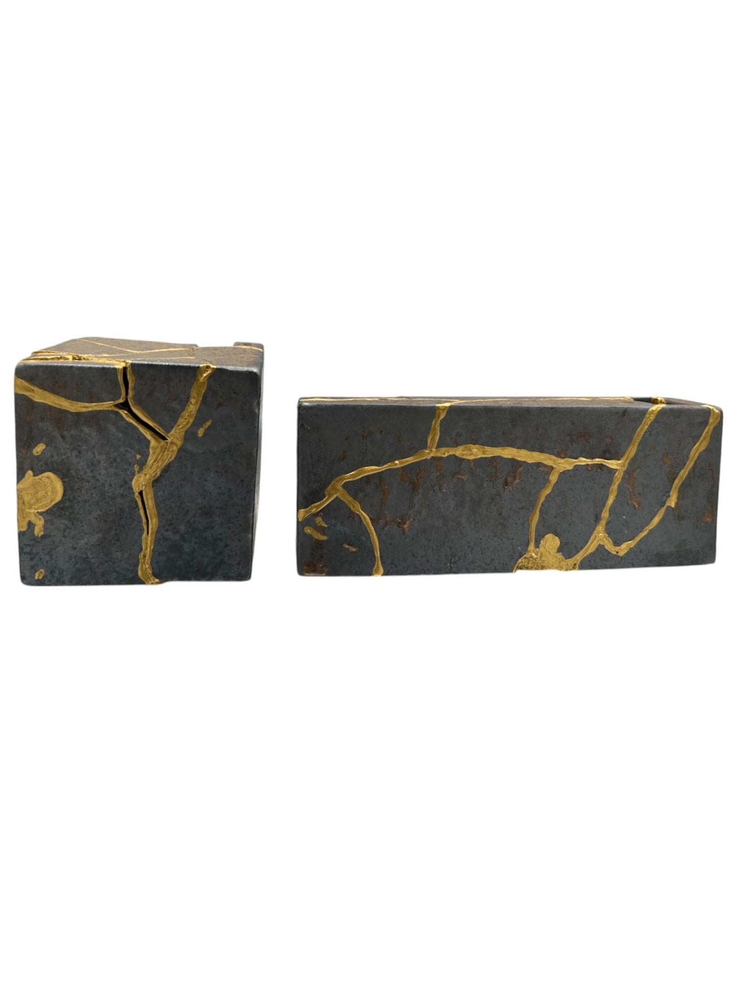 buy online luxury, handmade, one of a kind, modern kintsugi japanese pottery art gift small bronze ikebana vase set (rectangle and square shape) with metal texture and gold paint along break lines for sale