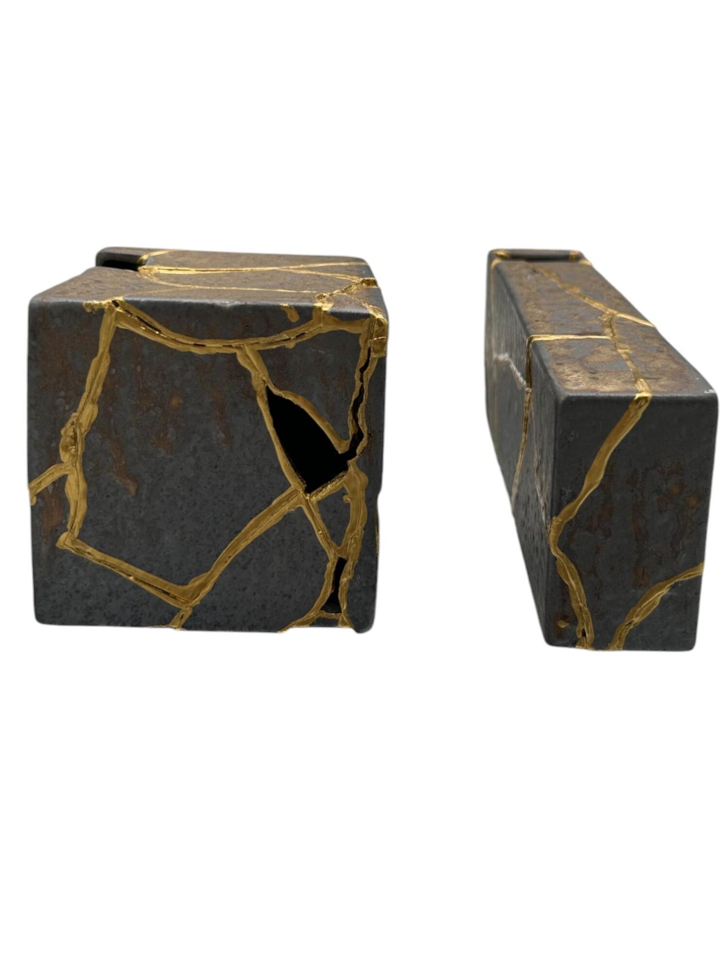 buy online luxury, handmade, one of a kind, modern kintsugi japanese pottery art gift small bronze ikebana vase set (rectangle and square shape) with metal texture and gold paint along break lines for sale