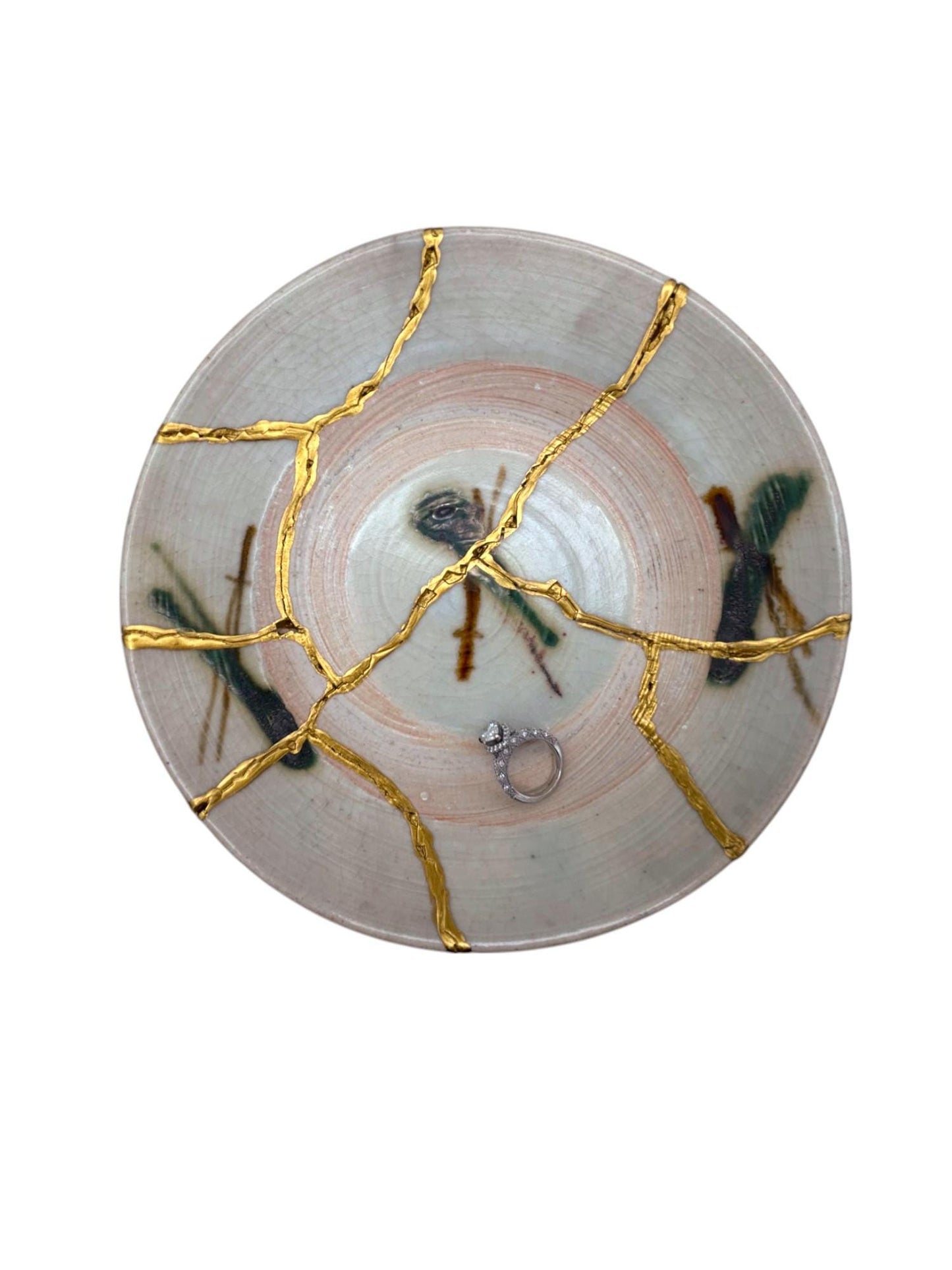 buy online luxury, handmade, one of a kind, modern kintsugi japanese pottery art gift salad size yaki ware made in japan decorative plate with dragonflies and gold paint over break lines for sale