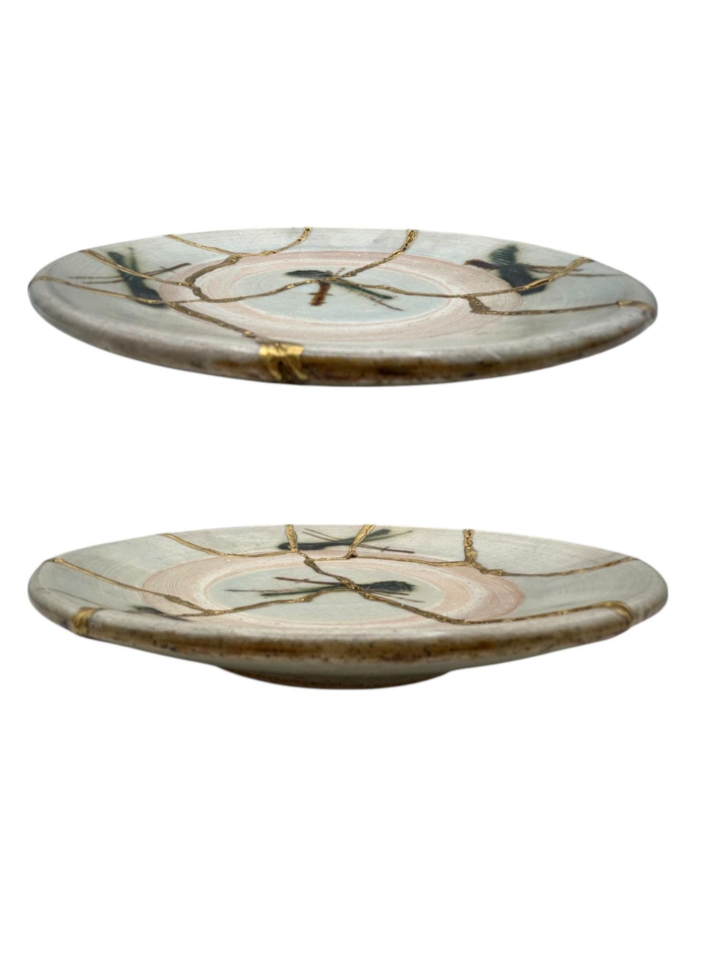 buy online luxury, handmade, one of a kind, modern kintsugi japanese pottery art gift salad size yaki ware made in japan decorative plate with dragonflies and gold paint over break lines for sale