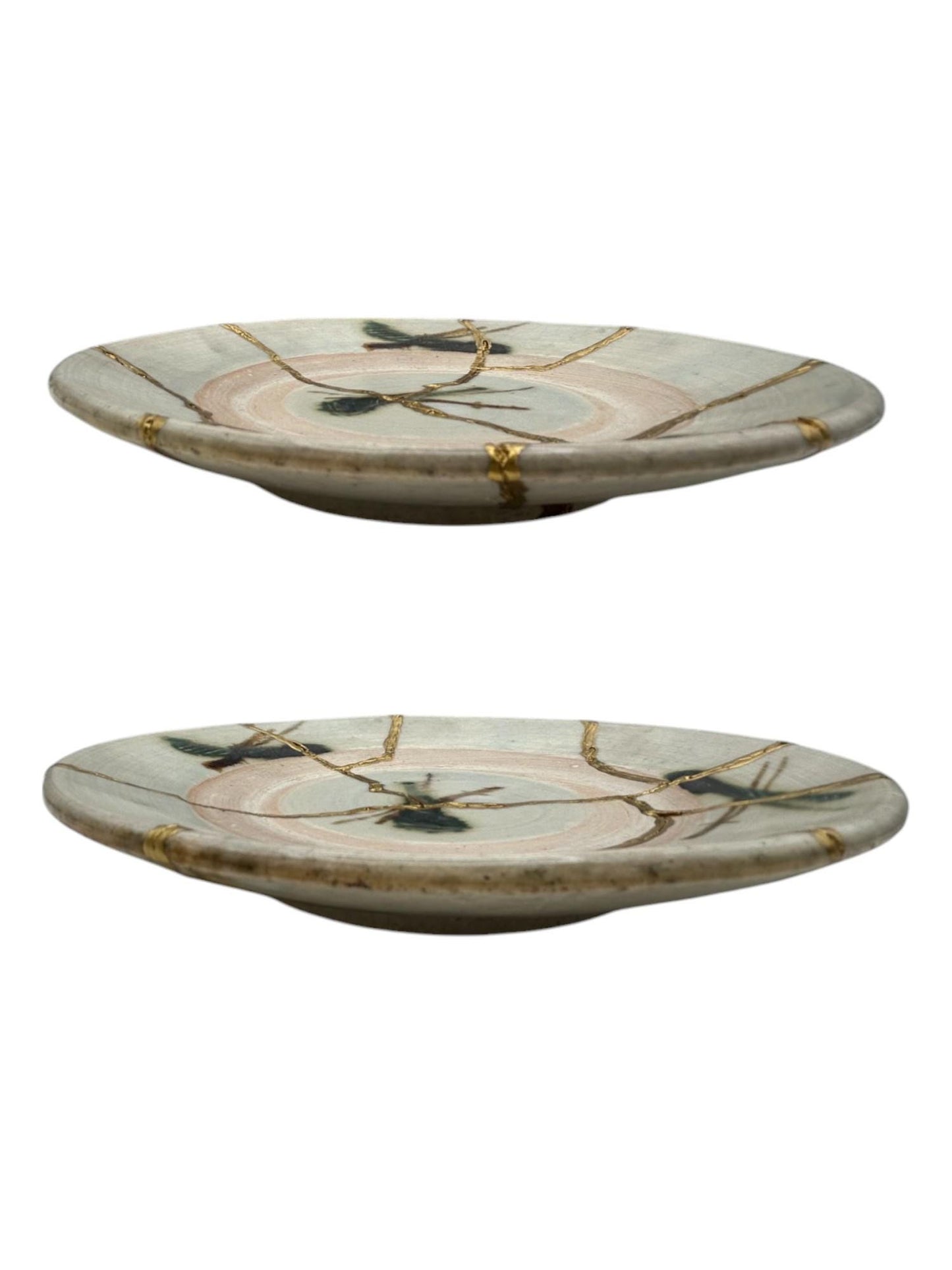 buy online luxury, handmade, one of a kind, modern kintsugi japanese pottery art gift salad size yaki ware made in japan decorative plate with dragonflies and gold paint over break lines for sale