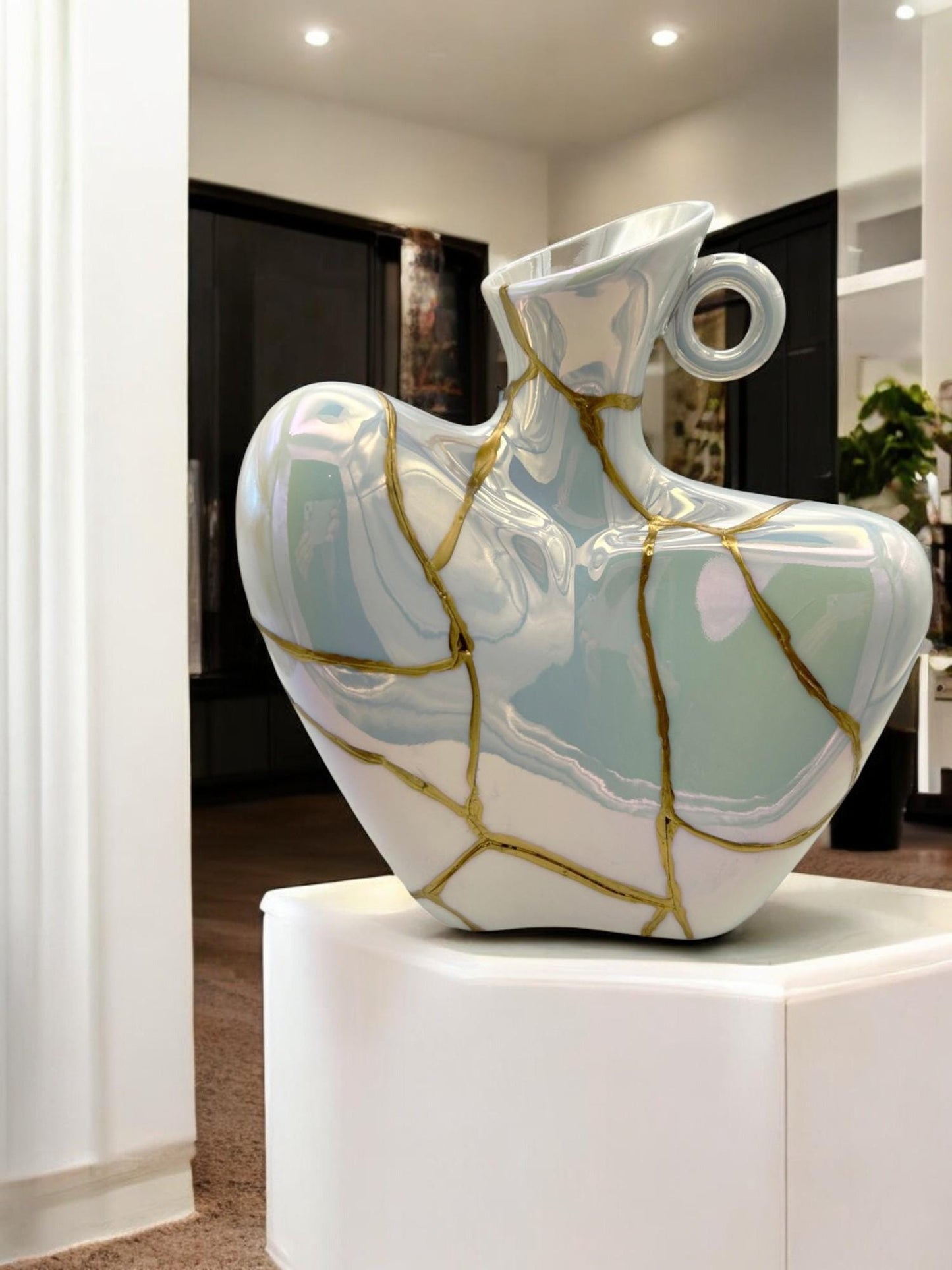 Kintsugi Iridescent Bust Vase - Broken + Repaired Japanese Pottery - Feminine Form - Smooth Texture - Hand Painted Gold (H) 9in (W) 7.25