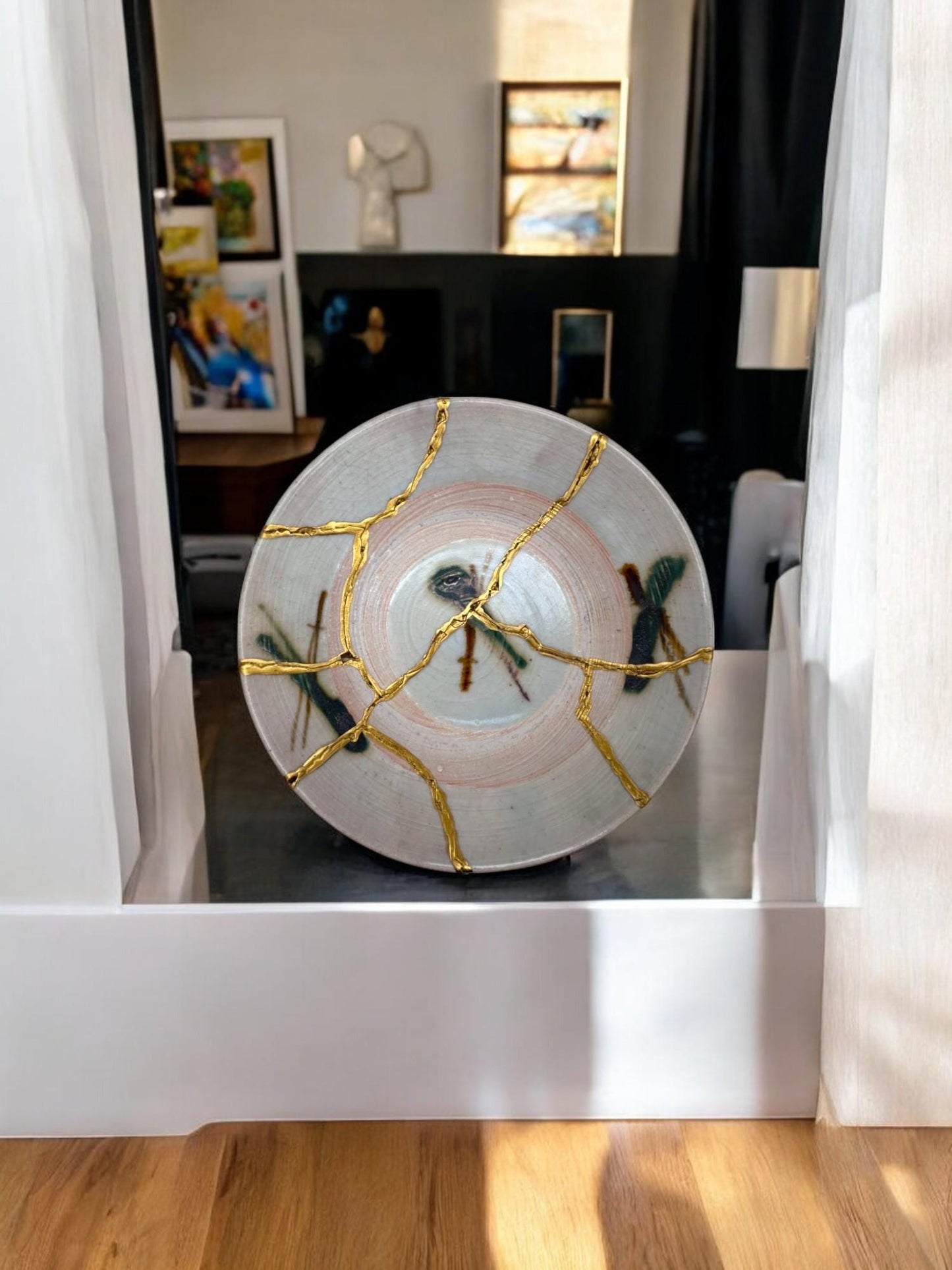 buy online luxury, handmade, one of a kind, modern kintsugi japanese pottery art gift salad size yaki ware made in japan decorative plate with dragonflies and gold paint over break lines for sale