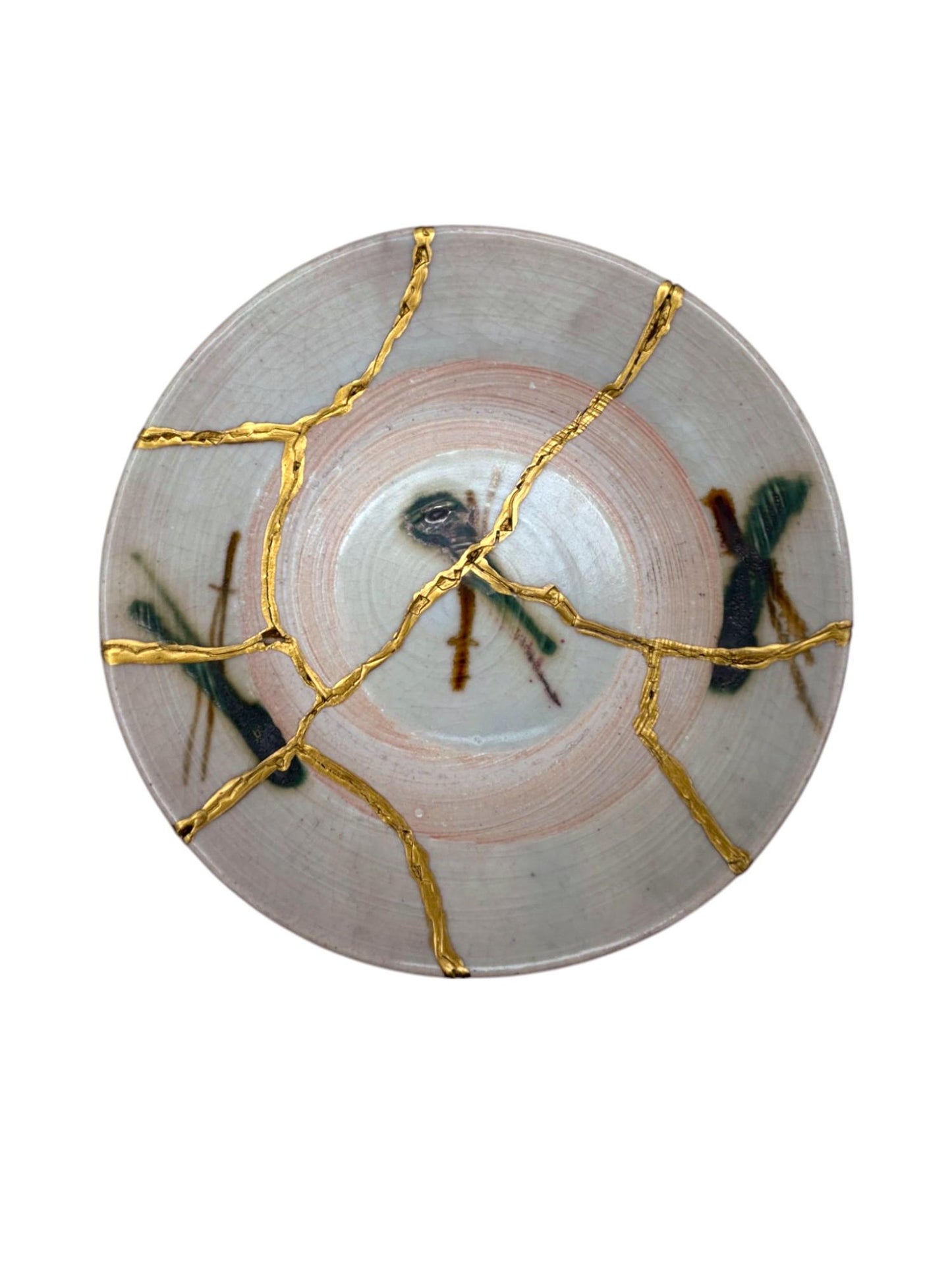 buy online luxury, handmade, one of a kind, modern kintsugi japanese pottery art gift salad size yaki ware made in japan decorative plate with dragonflies and gold paint over break lines for sale
