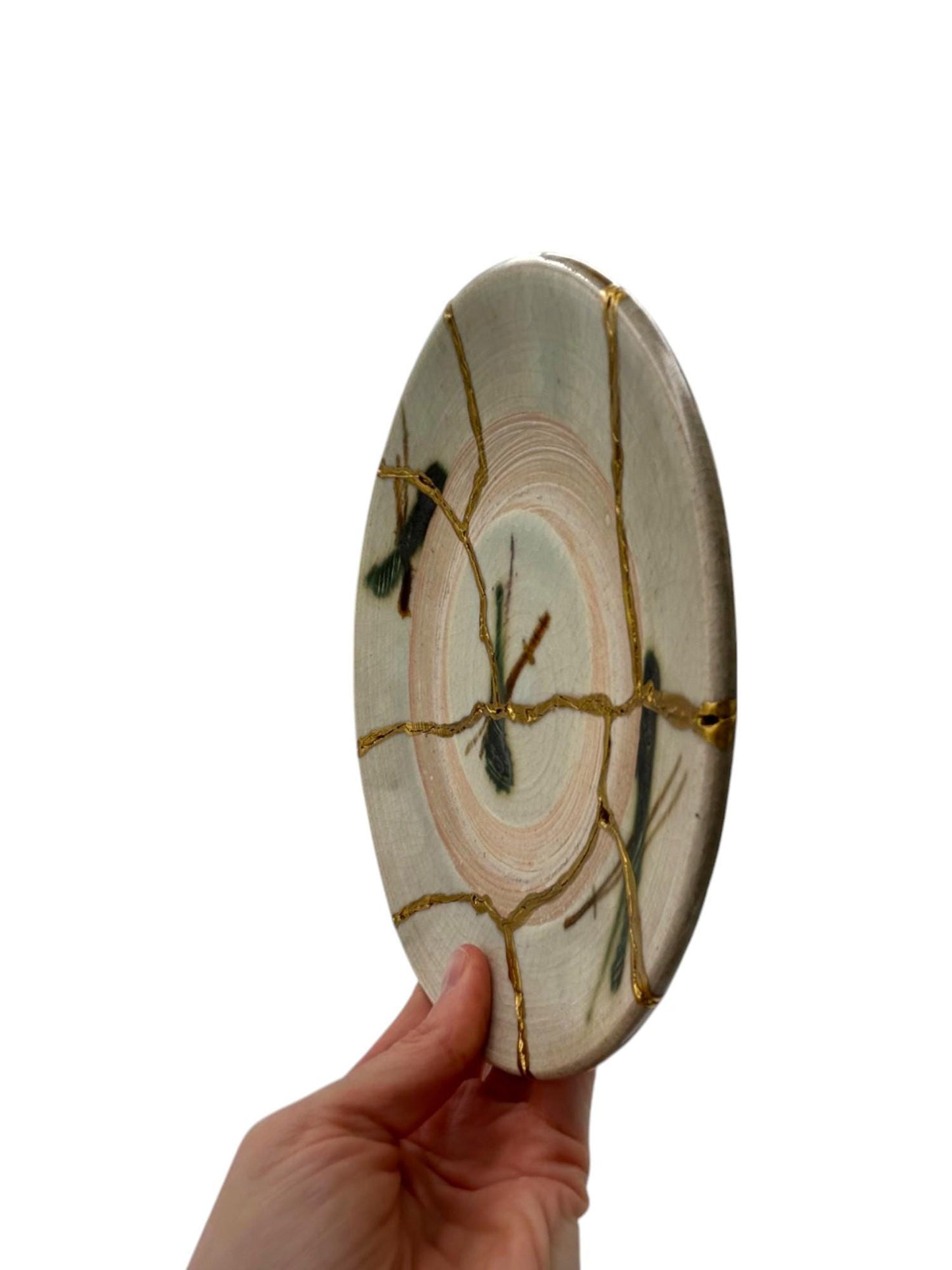 buy online luxury, handmade, one of a kind, modern kintsugi japanese pottery art gift salad size yaki ware made in japan decorative plate with dragonflies and gold paint over break lines for sale