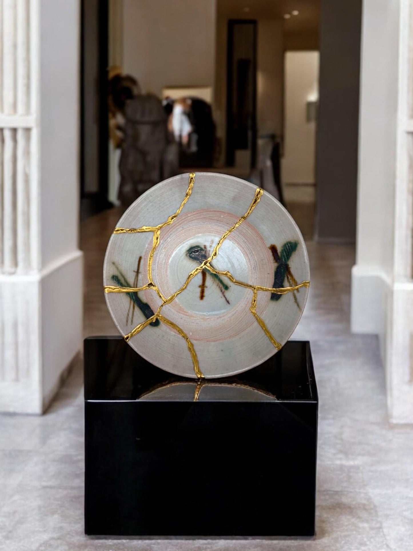 buy online luxury, handmade, one of a kind, modern kintsugi japanese pottery art gift salad size yaki ware made in japan decorative plate with dragonflies and gold paint over break lines for sale