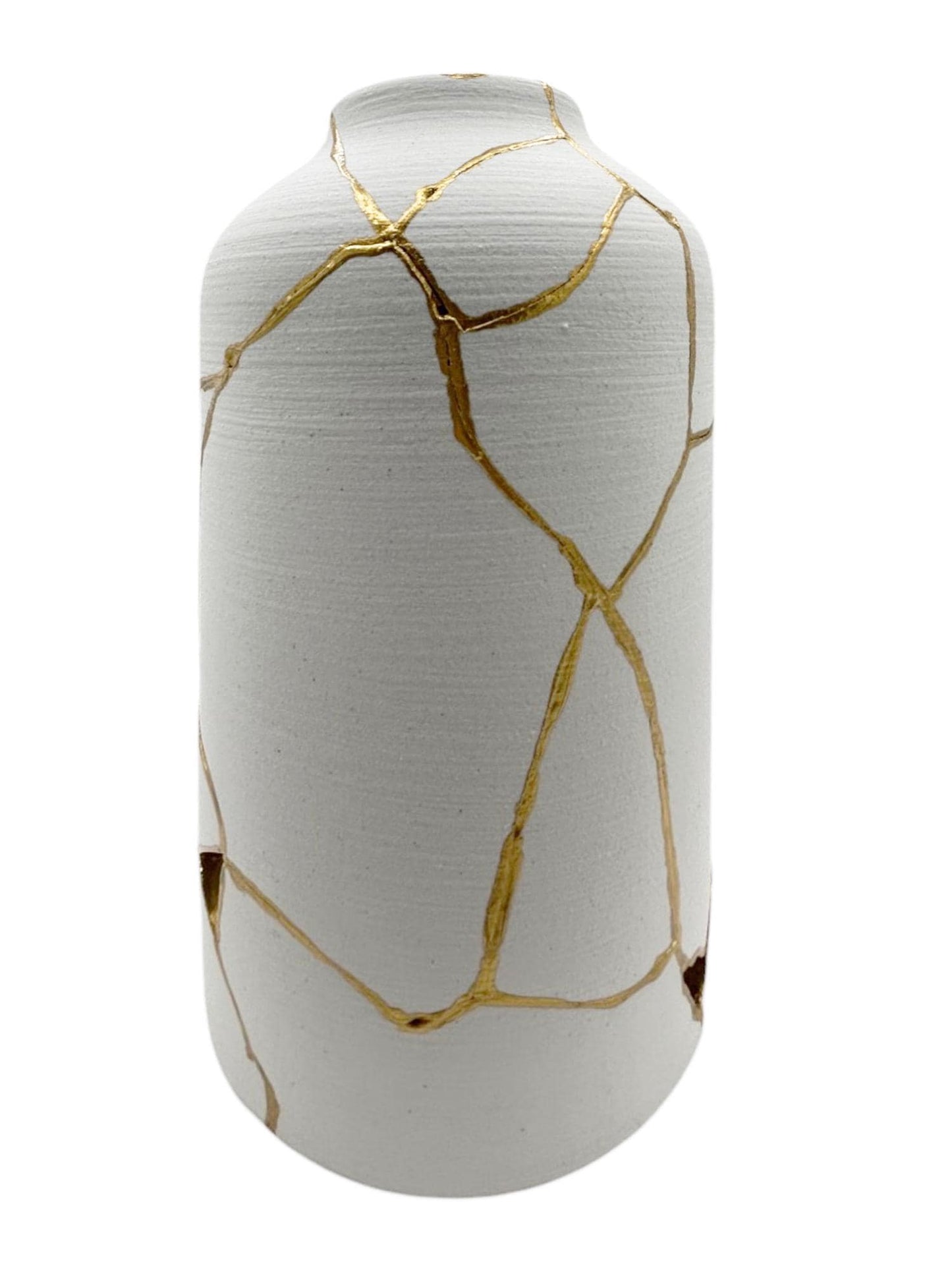 buy online luxury, bestseller, handmade, one of a kind, modern kintsugi japanese pottery art gift decorative cylinder vase for dried flowers in white with rough brushed horizontal texture and gold paint along break lines for sale