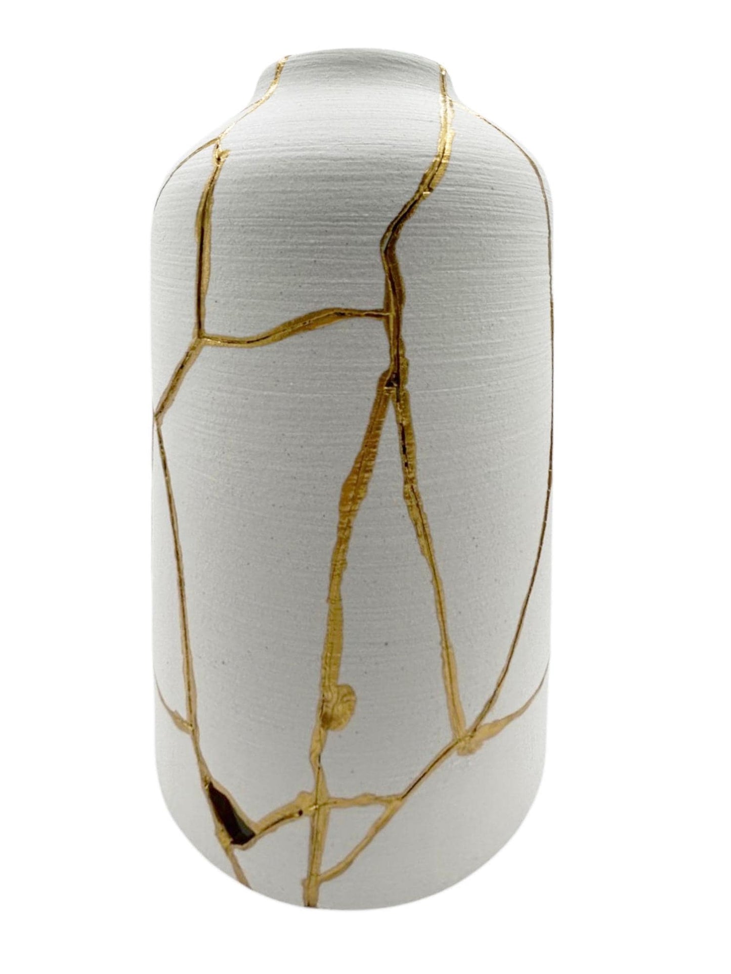 buy online luxury, bestseller, handmade, one of a kind, modern kintsugi japanese pottery art gift decorative cylinder vase for dried flowers in white with rough brushed horizontal texture and gold paint along break lines for sale