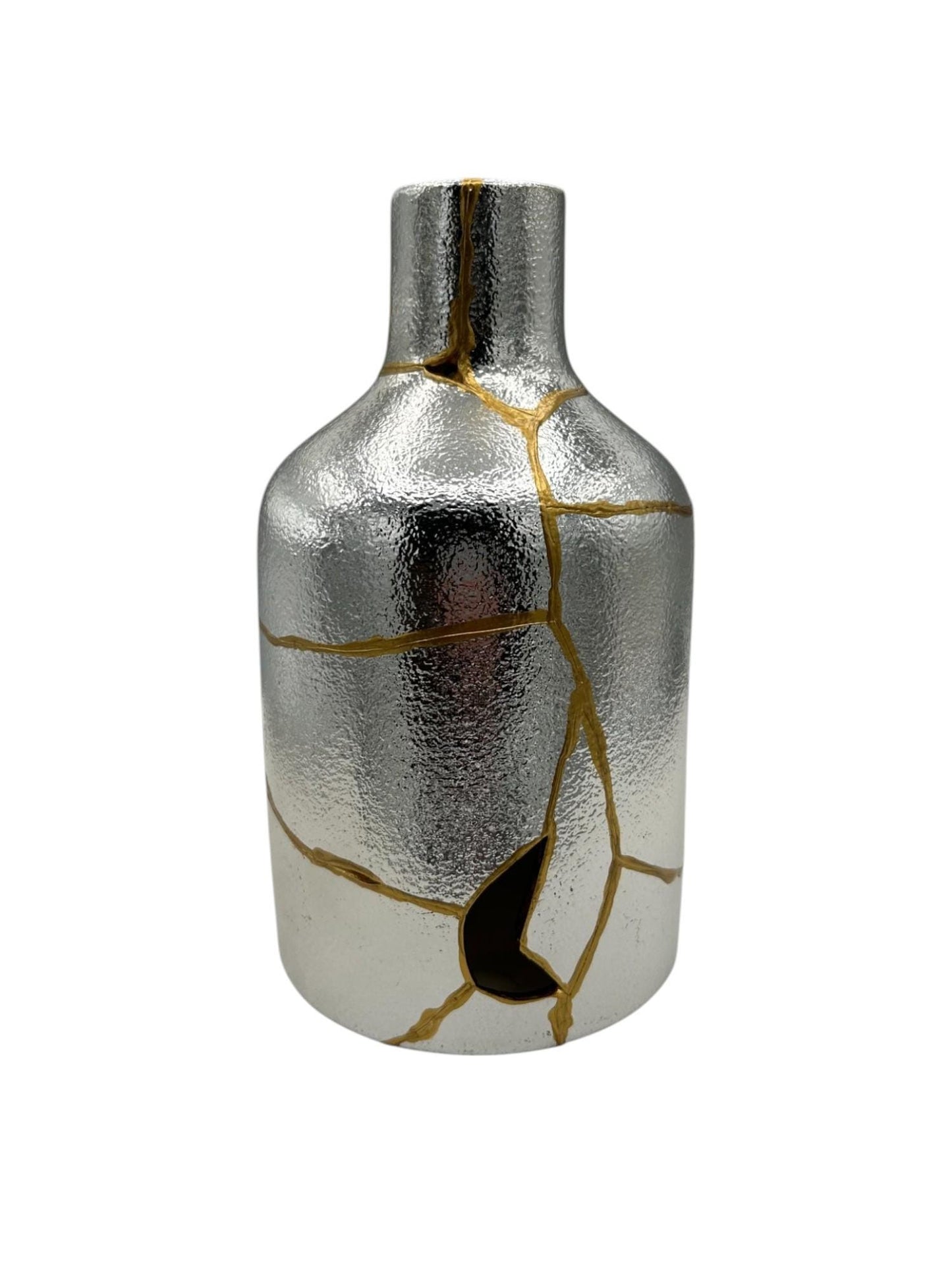 buy online luxury, bestseller, handmade, one of a kind, modern kintsugi japanese pottery art gift decorative small bottle style vase for dried flowers in silver/chrome ceramic with gold paint along break lines for sale