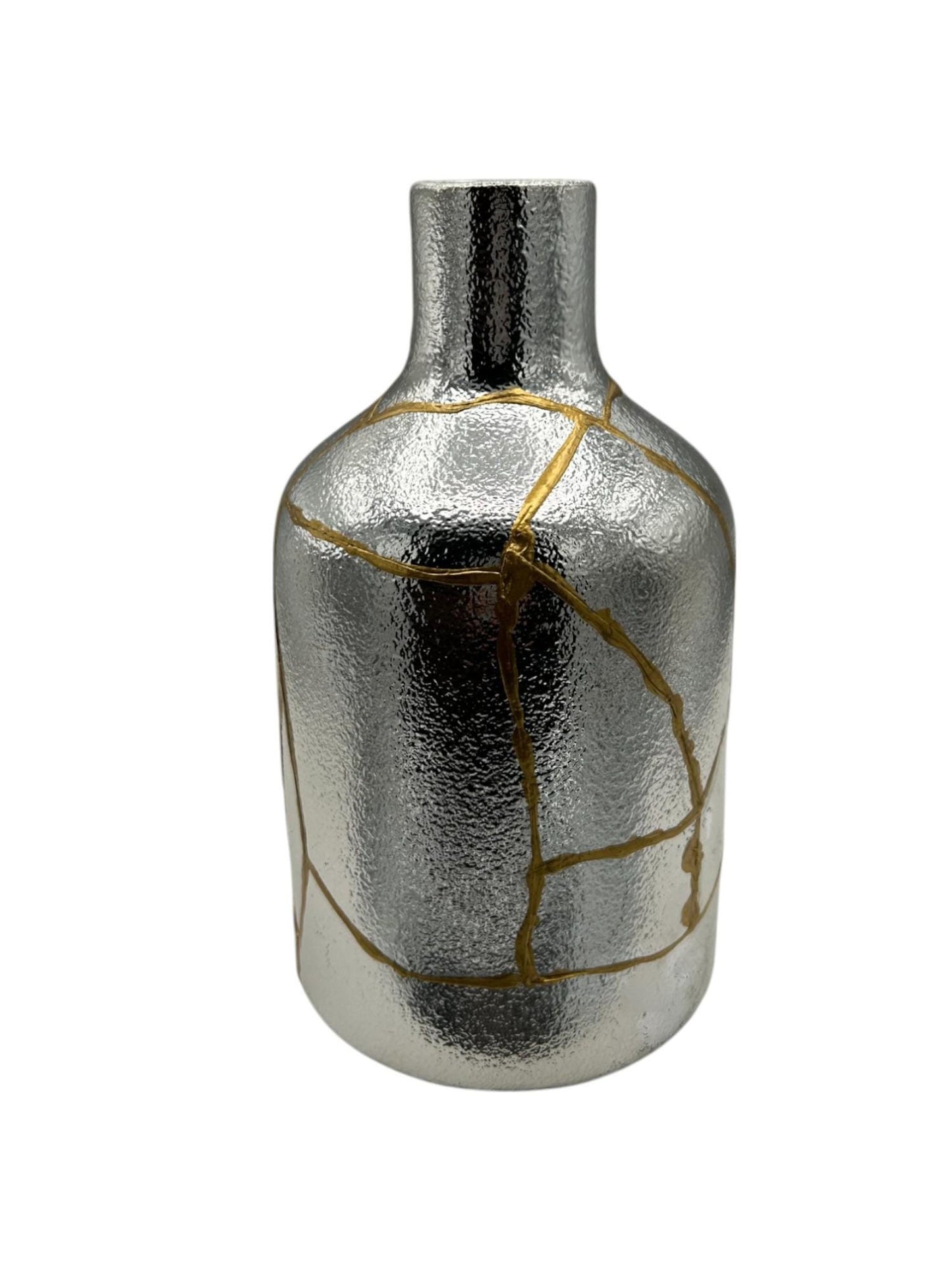 buy online luxury, bestseller, handmade, one of a kind, modern kintsugi japanese pottery art gift decorative small bottle style vase for dried flowers in silver/chrome ceramic with gold paint along break lines for sale