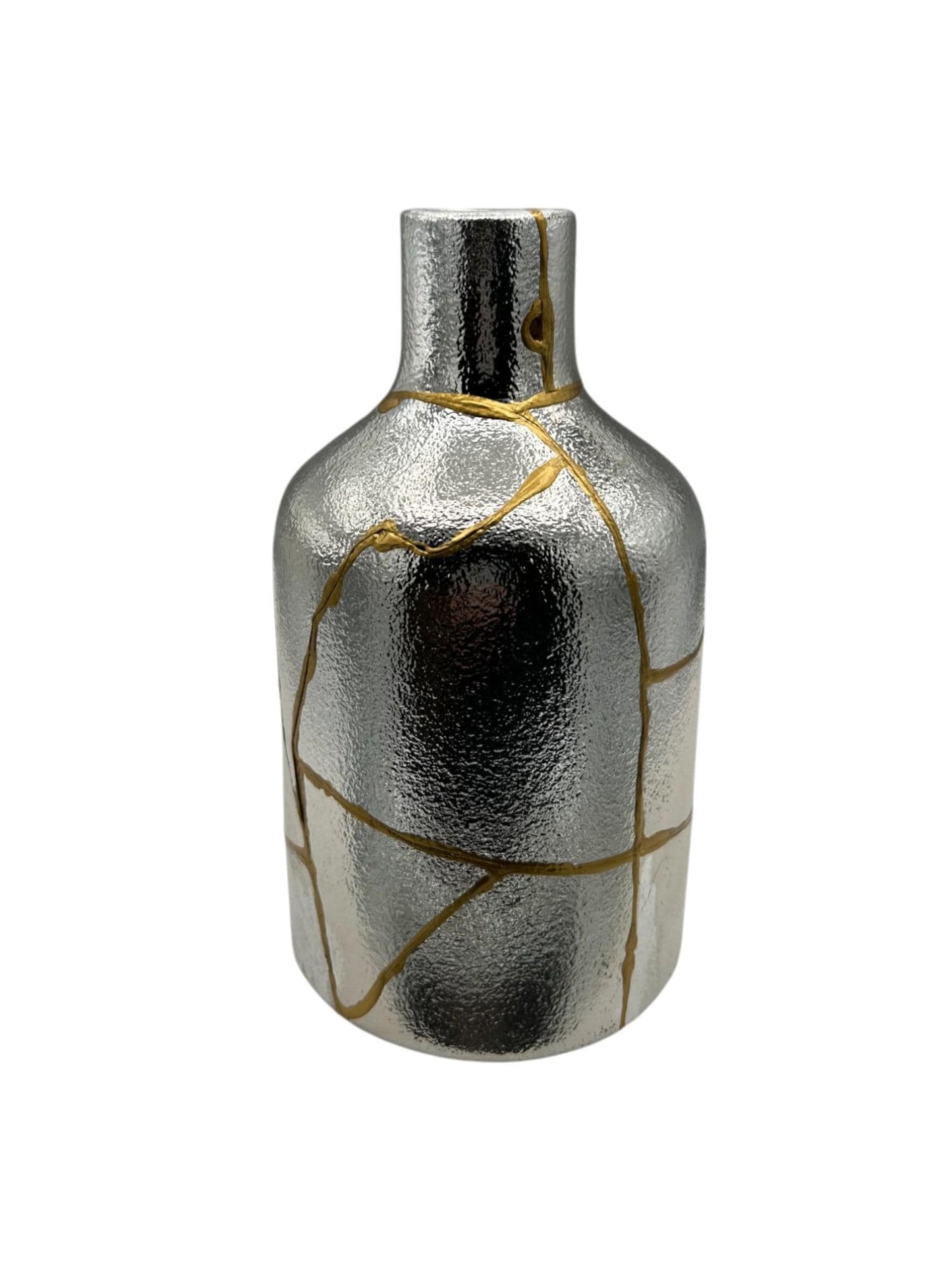buy online luxury, bestseller, handmade, one of a kind, modern kintsugi japanese pottery art gift decorative small bottle style vase for dried flowers in silver/chrome ceramic with gold paint along break lines for sale