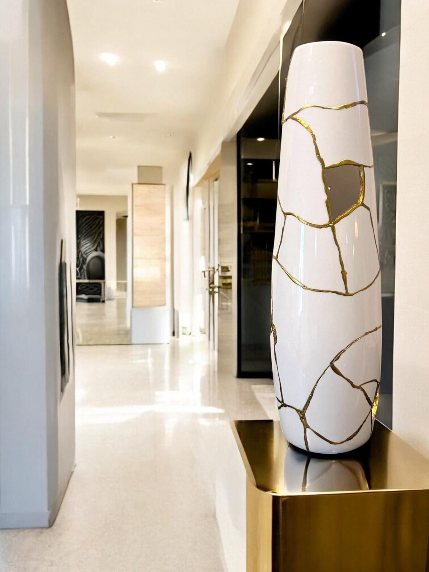 Kintsugi Cylinder Vase - Broken + Repaired Japanese Pottery - Hand Painted Gold - White - Glossy/Smooth - Tall - Table/Floor (H) 18in