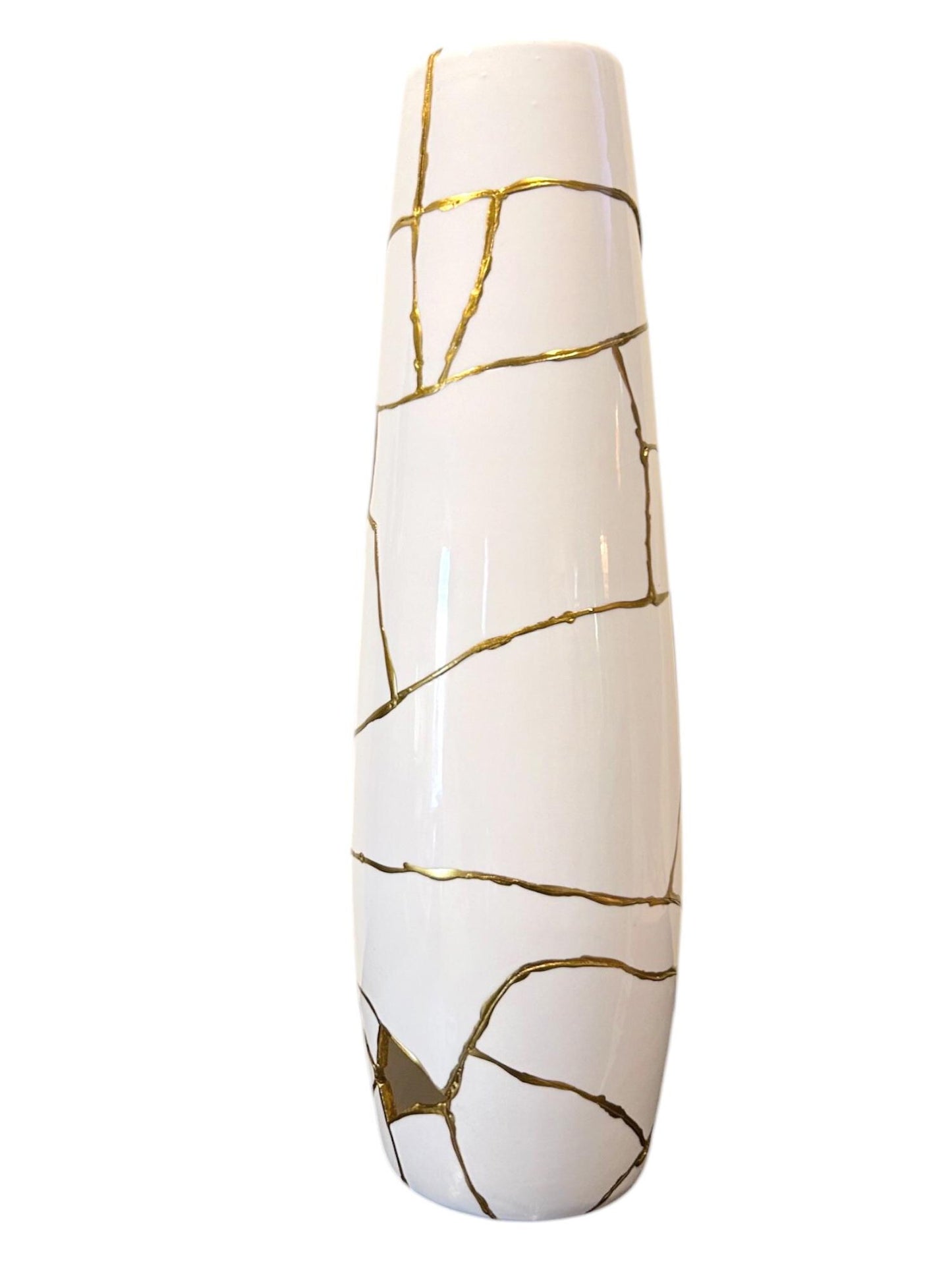 Kintsugi Cylinder Vase - Broken + Repaired Japanese Pottery - Hand Painted Gold - White - Glossy/Smooth - Tall - Table/Floor (H) 18in