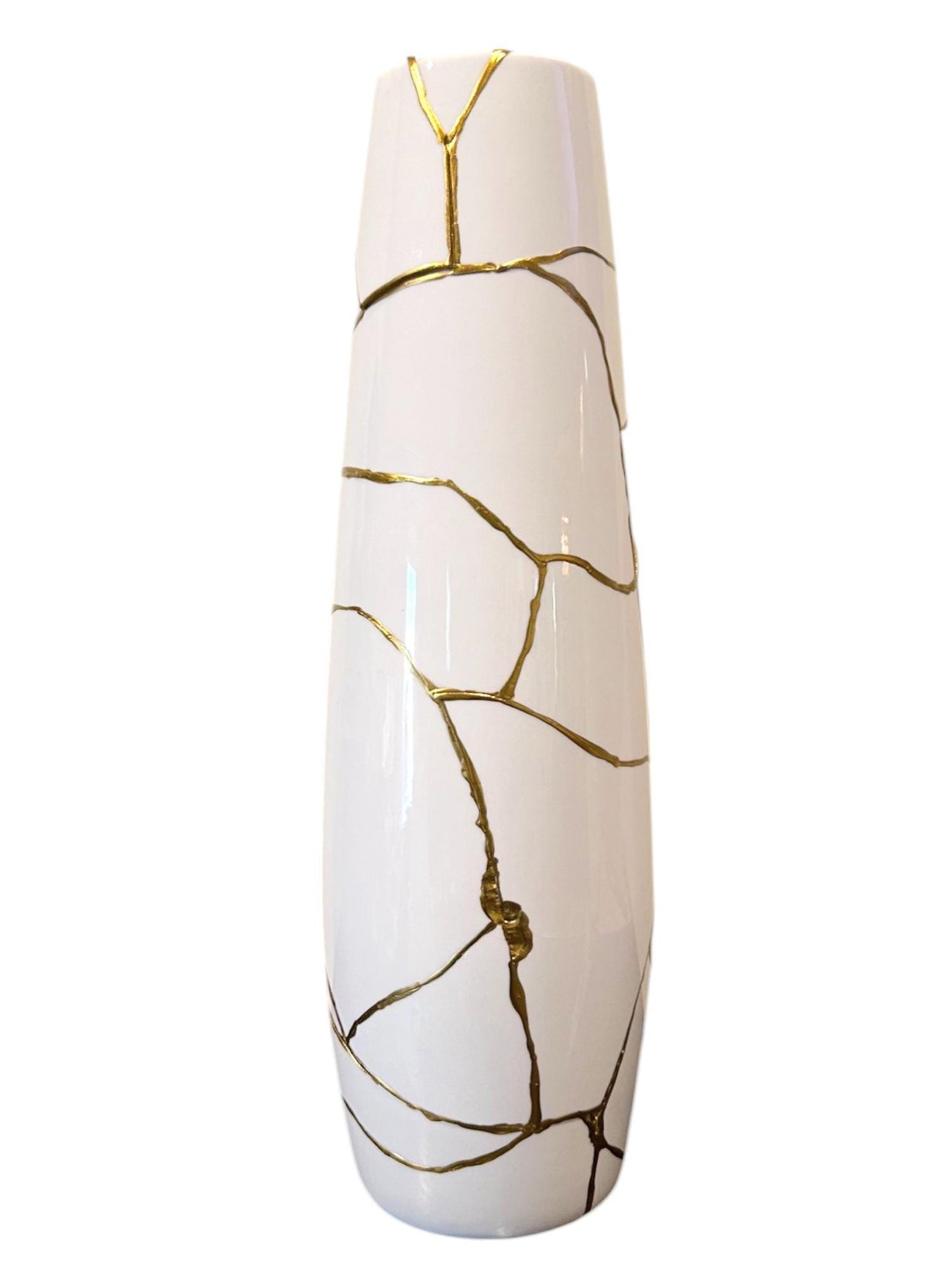 Kintsugi Cylinder Vase - Broken + Repaired Japanese Pottery - Hand Painted Gold - White - Glossy/Smooth - Tall - Table/Floor (H) 18in